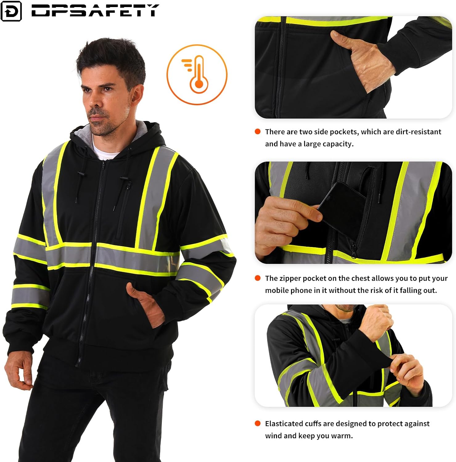 High visibility Hoodie for Men,Class3 Hi Vis Hoodie,Fleece Lined Reflective Hooded,Construction work Hi-Vis Safety Sweatshirt,Black XL - Image 3