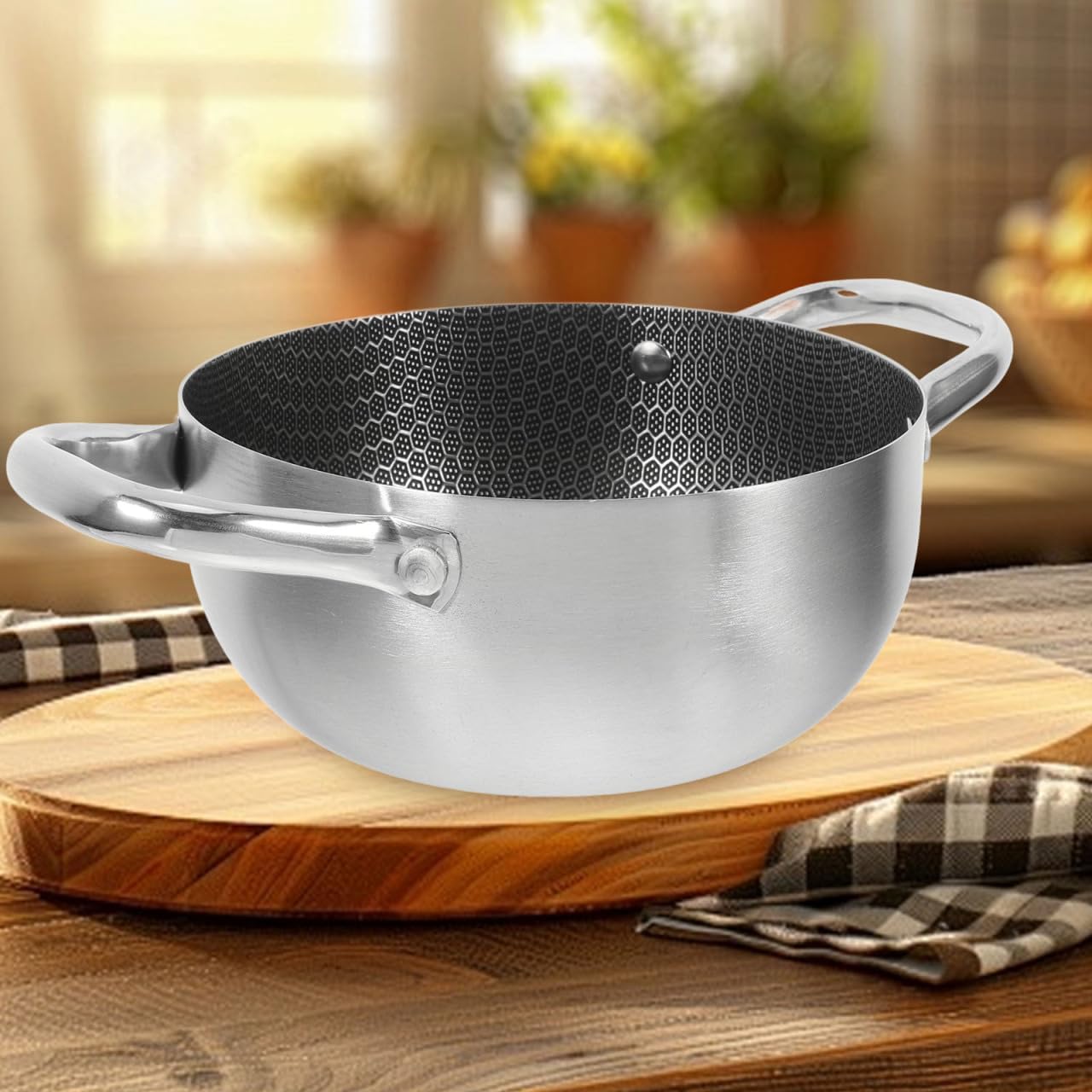 Amosfun Honeycomb Nonstick Double Handle Pan 11.41X7.08X3.14 Inch Lightweight Multi-Purpose Soup Pot for Kitchen Cooking Steaming Simmering