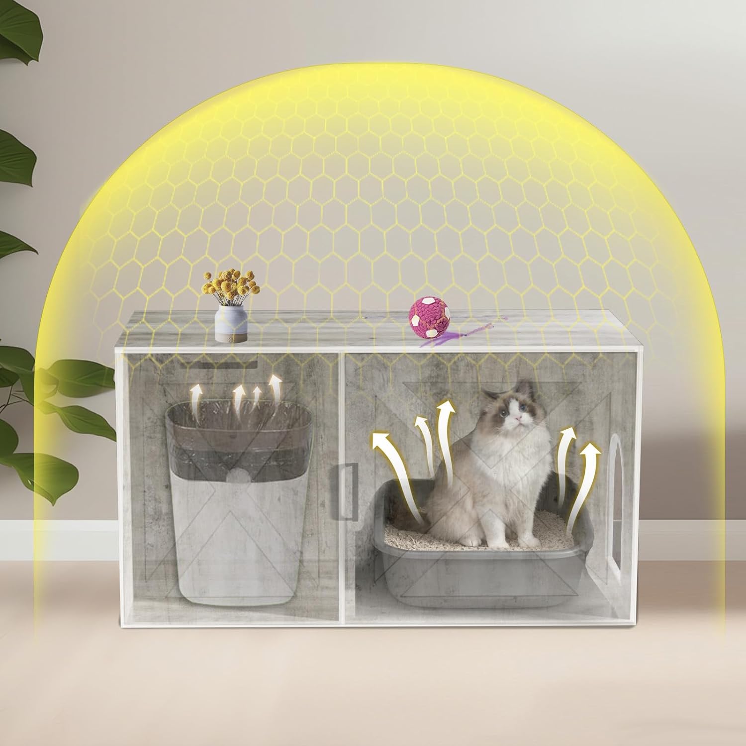 Cat Litter Box Enclosure Furniture with Storage Compartment, Hidden Litter Box Cabinet with Dedicated Space for Trash Can for Living Room, Bedroom, 35.4 x 19.4 x 17.7 Inches，Taupe