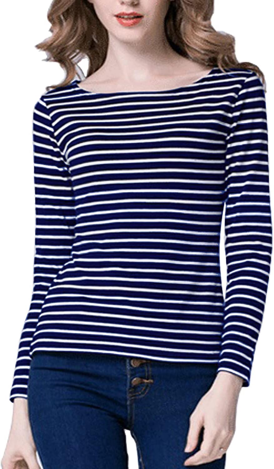 Tulucky Women's Casual Long Sleeve Shirts Stripe Tees Round Neck Tank Tops