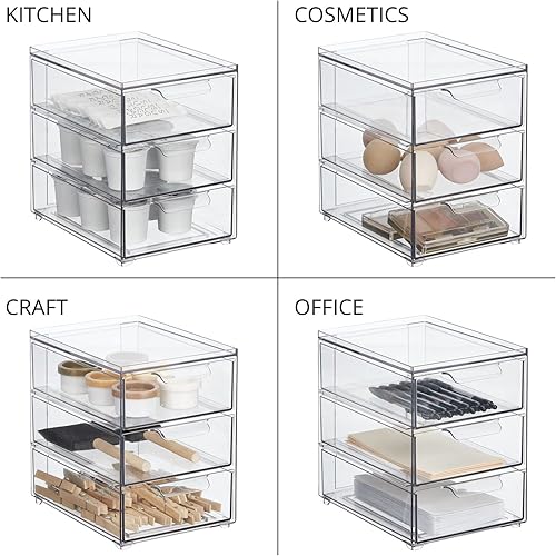 Miniatura 6 de mDesign Organizador de almacenamiento de cocina apilable de plástico con 3 cajones, contenedor con cajones extraíbles divididos para despensa,