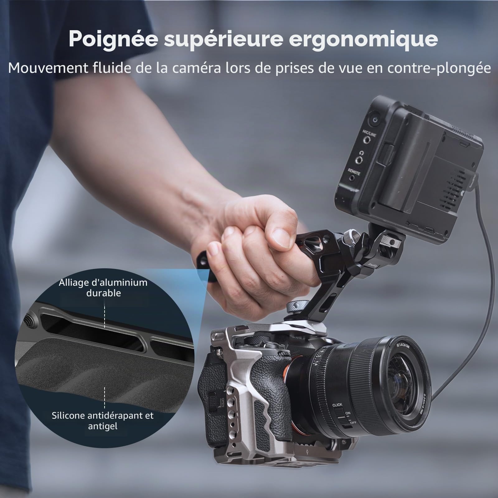 SMALLRIG Poignée Supérieure avec Kit de Montage pour Moniteur, avec Trous de Positionnement 3/8"-16 pour ARRI, Trou fileté 1/4"-20, pivot à 360° et inclinaison réglable à 180° - 5323
