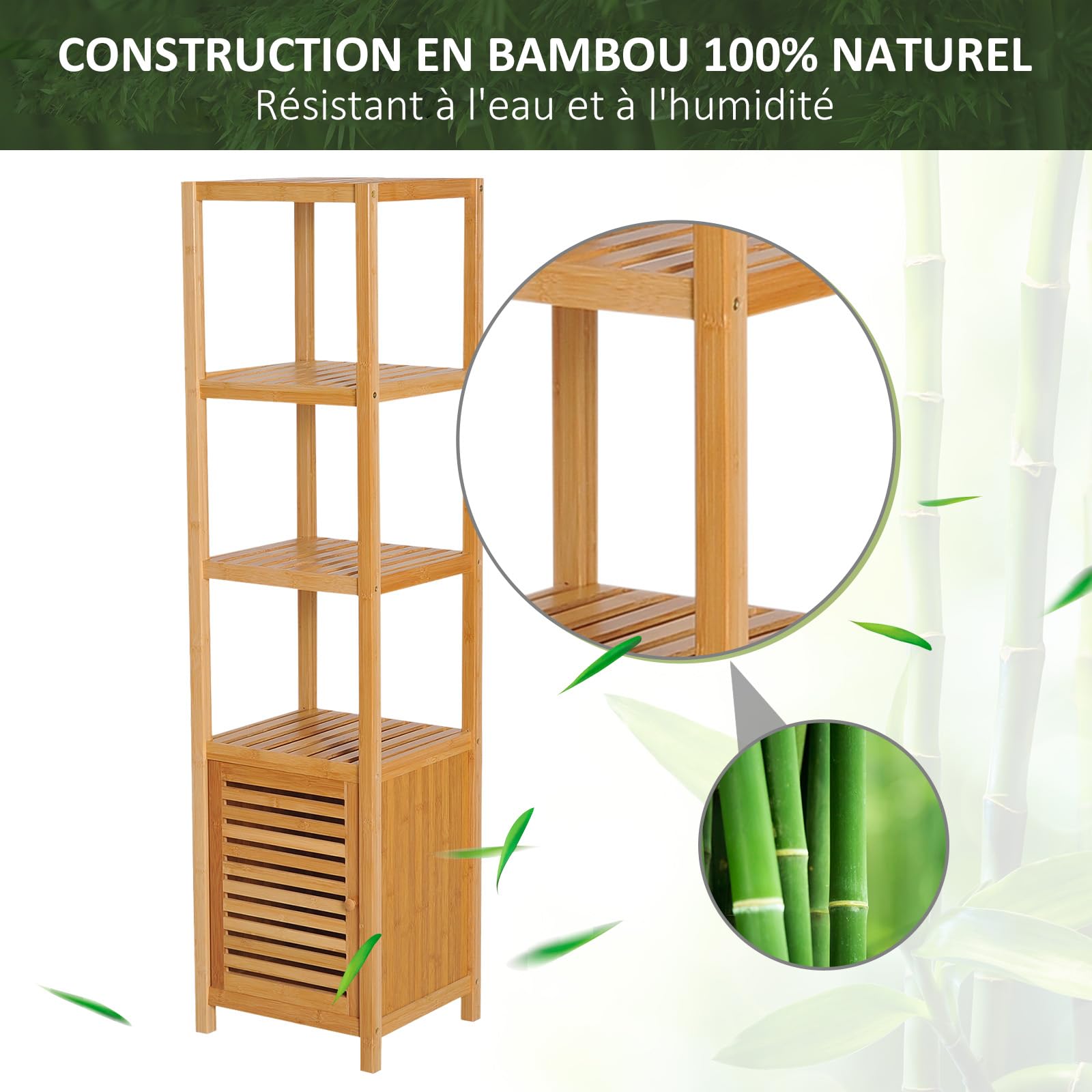 HOMCOM Meuble Colonne Rangement Salle de Bain 36L x 33l x 140H cm Bambou