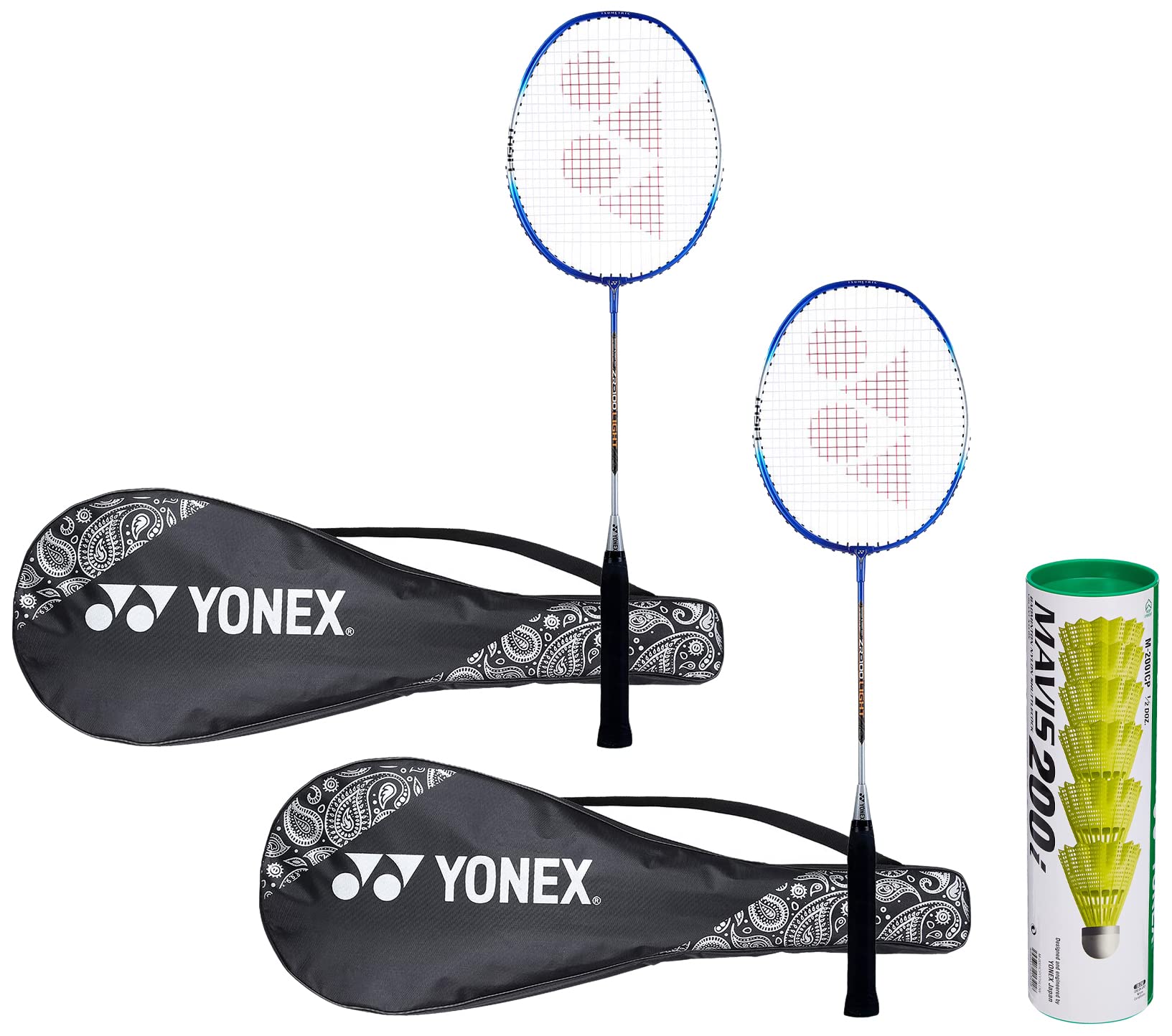 Yonex ZR 100 Light Aluminum Blend Badminton Racquet with Full Cover, Set of 2 (Blue/Blue) & Mavis 200i Nylon Shuttle Cock, Pack of 6 (Yellow)