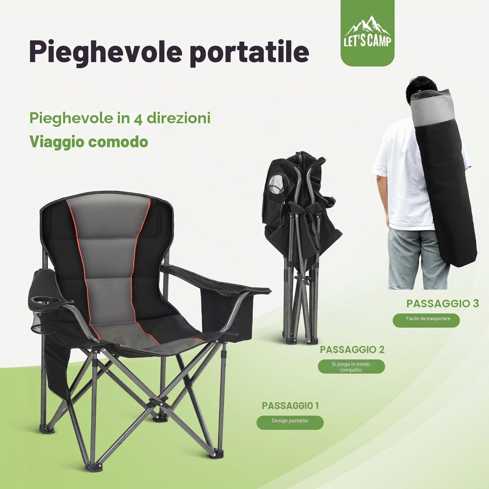 LET'S CAMP Sedia da campeggio pieghevole con portabevande e borsa frigo, pieghevole, fino a 200 kg