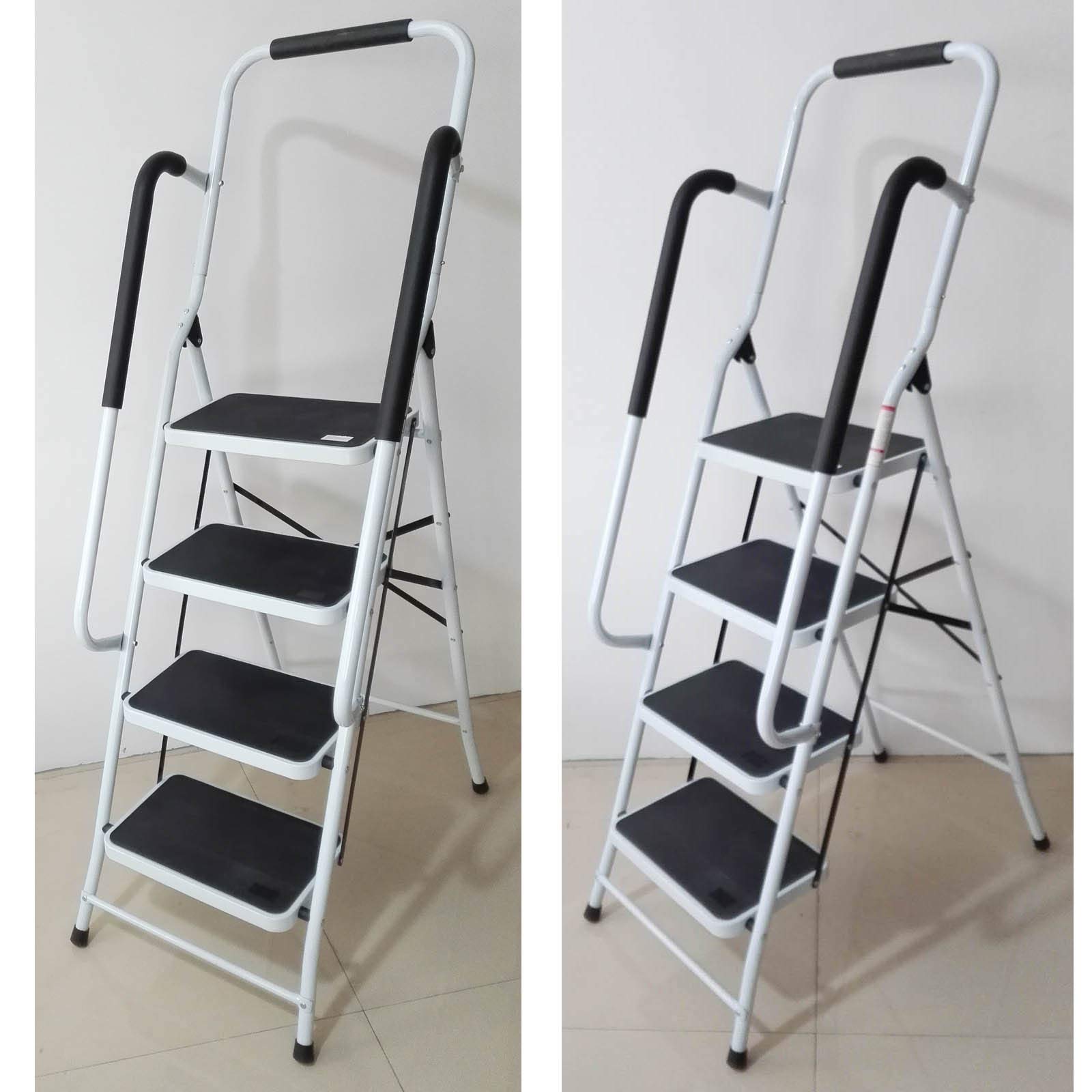 Escalera de 4 peldaños con barandilla, plegable con seguridad, fácil de almacenar, soporta hasta 150 kg, EN131