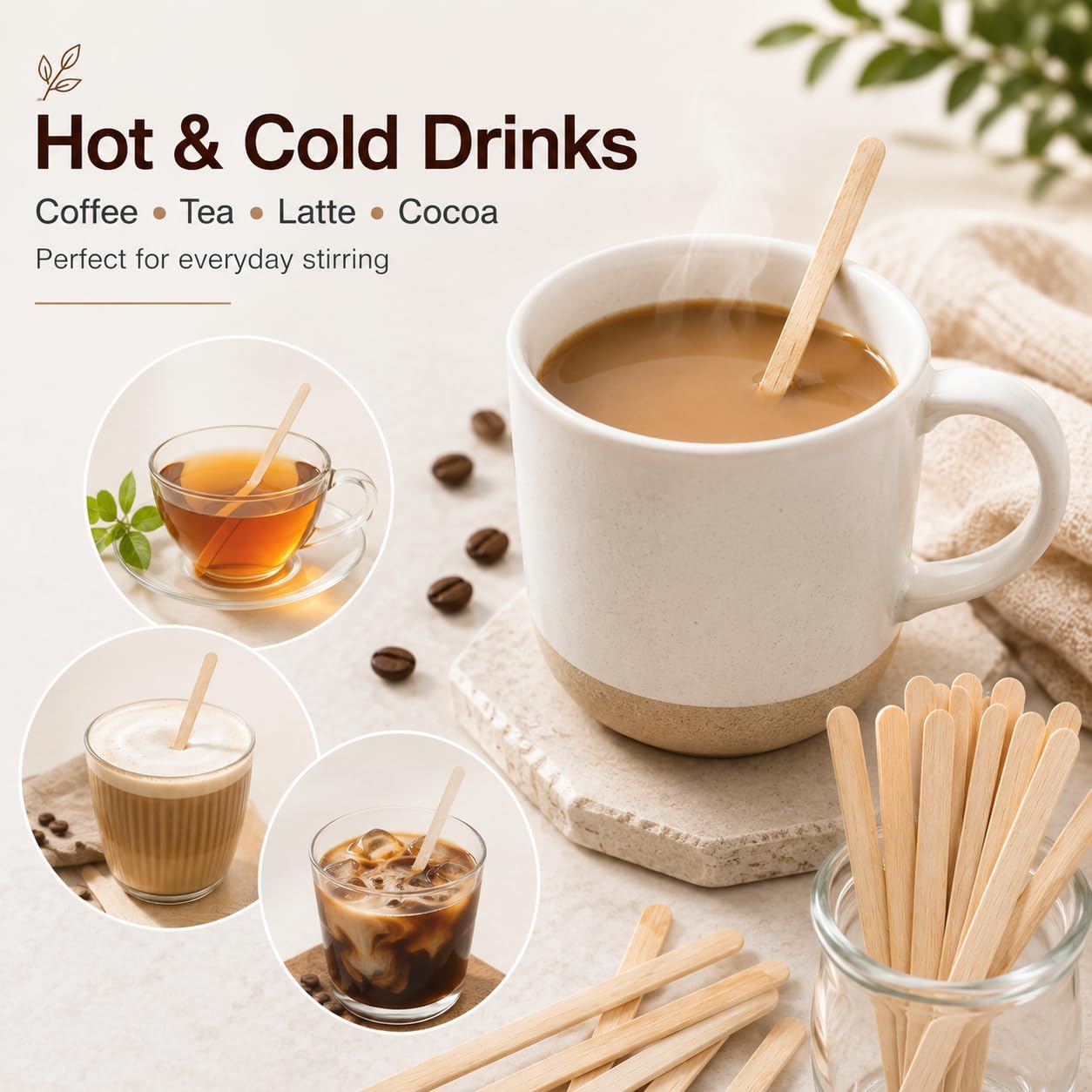 5.5 Inch Wooden Coffee Stir Sticks, 200 Count Premium Natural Birch Wood Stirrers for Coffee Bar Accessories, Disposable Beverage Stirrers for Hot/Cold Drinks, Eco-Friendly & Splinter-Free