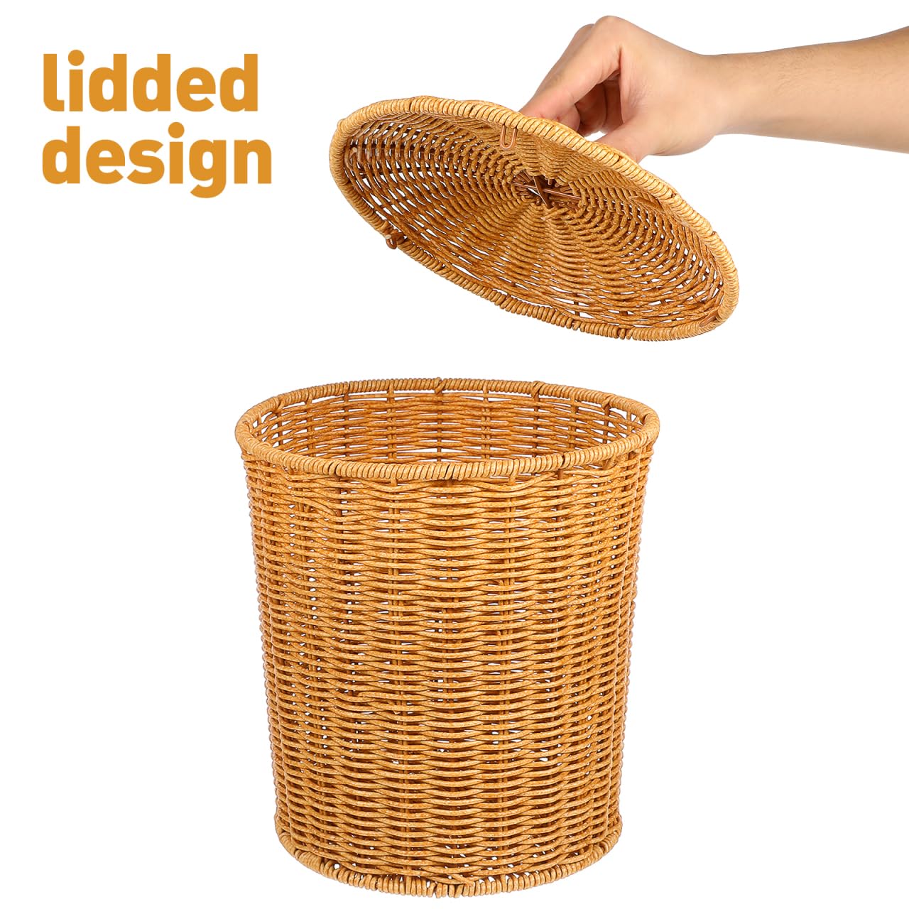 ABOOFAN Poubelle En Osier Poubelle Tissée Corbeille En Rotin Avec Couvercle Panier En Osier Panier De Rangement Tissé Ronde Panier Conteneur De Vêtements