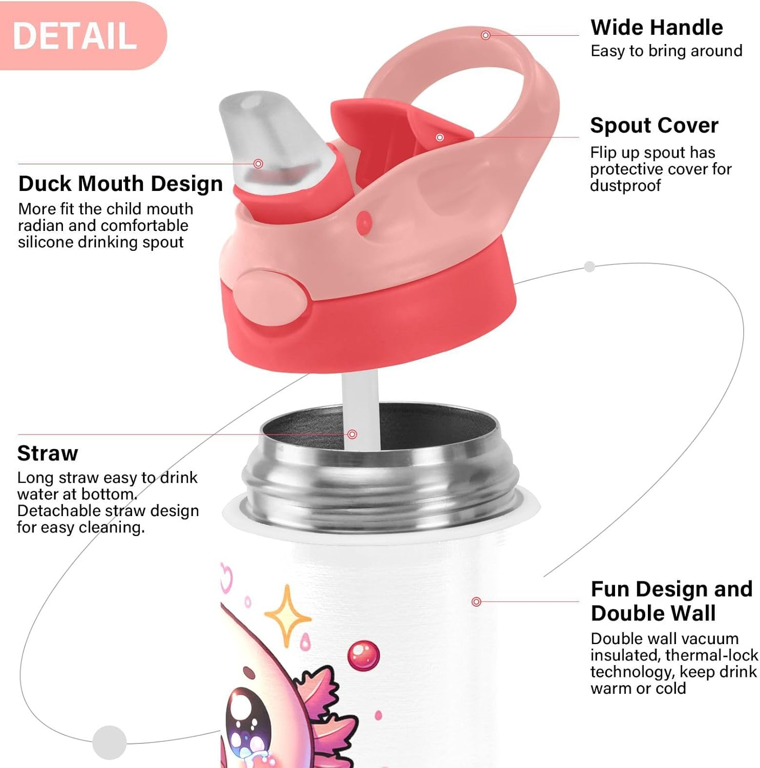Axolotl Eat Fruits Cartoon Insulated Water Bottle with Straw Handle for Kids 12 OZ Cute Kawaii Stainless Steel Vacuum Insulated Cup for Hot and Cold Drinks Travel Tumbler for Toddler Girls - Image 4