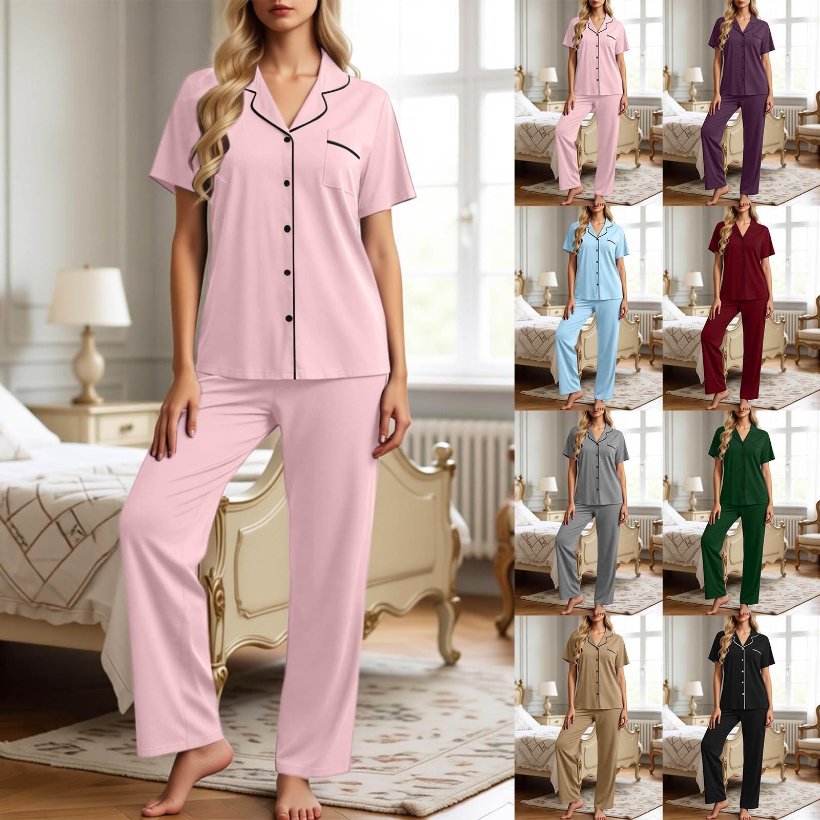 Set di due pezzi, da donna, morbido, comodo, pigiama, leggero, per il tempo libero, a maniche corte e pantaloni lunghi, basic tinta unita, vestibilità comoda