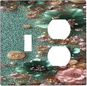 Decorative Outlet Covers Bling Green Rose Flowers Crystal Rhinestone Glitter 2 Gang Wall Plate Cover Single Toggle Duplex Combo Two Switch Light Switch Cover Plate Jumbo GFCI Faceplate