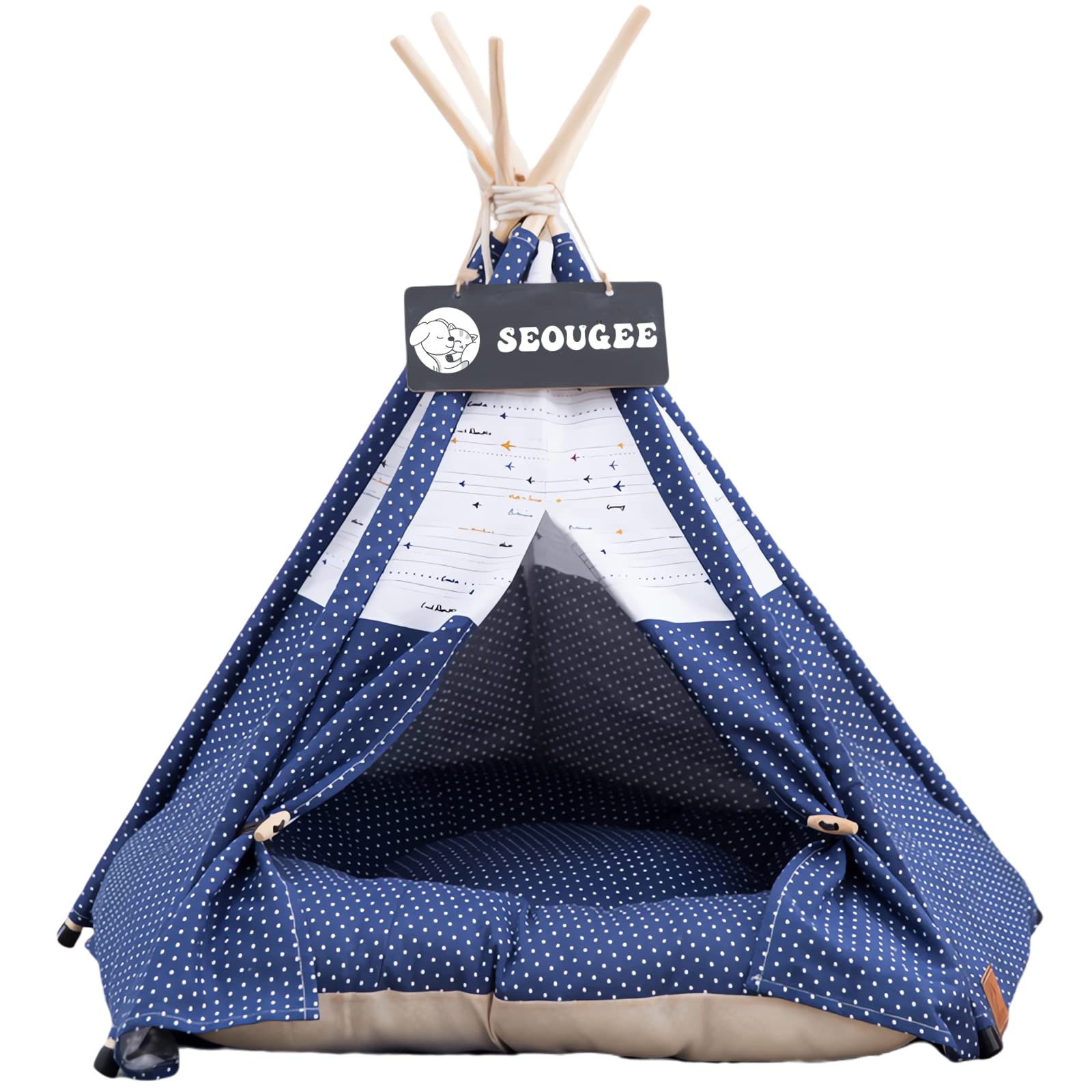 SEOUGEE Tienda de campaña para perros y gatos, lavable y extraíble, lona de algodón, cama para perros y gatos, con cojín, interior y exterior, caseta para mascotas y casa de juegos, portátil y
