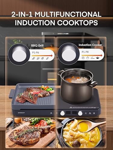 Miniatura 2 de Placa de cocción de inducción doble, 2 quemadores con sartén extraíble de hierro fundido antiadherente, sensor táctil 8 niveles de potencia, control