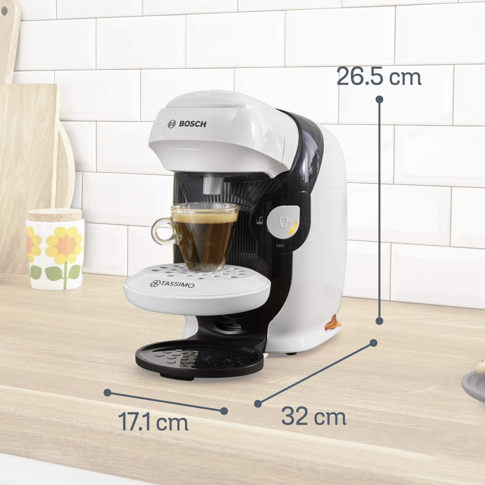 Bosch Cafetera multibebida Tassimo Happy Friendly, Hasta 70 bebidas, OneTouch, Preparación individual, Diseño compacto, Intellibrew, Blanco, TAS114E