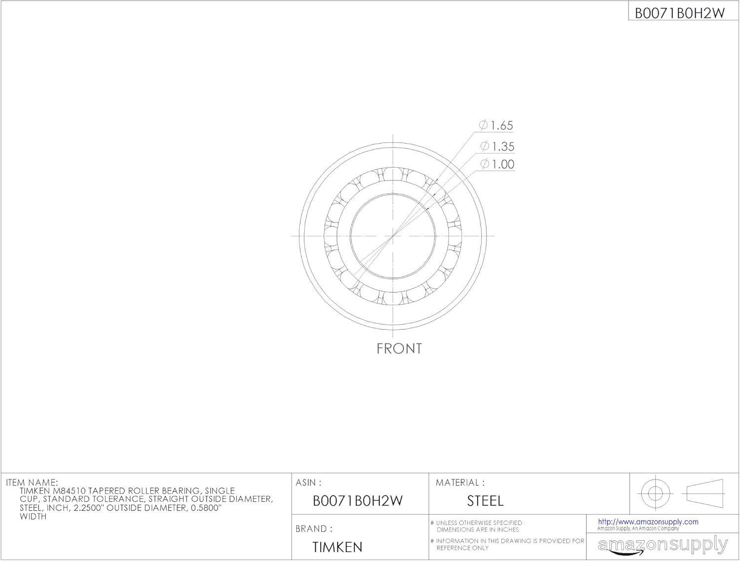 Timken M84510 Tapered Roller Bearing, Single Cup, Standard Tolerance, Straight Outside Diameter, Steel, Inch, 2.2500" Outside Diameter, 0.5800" Width