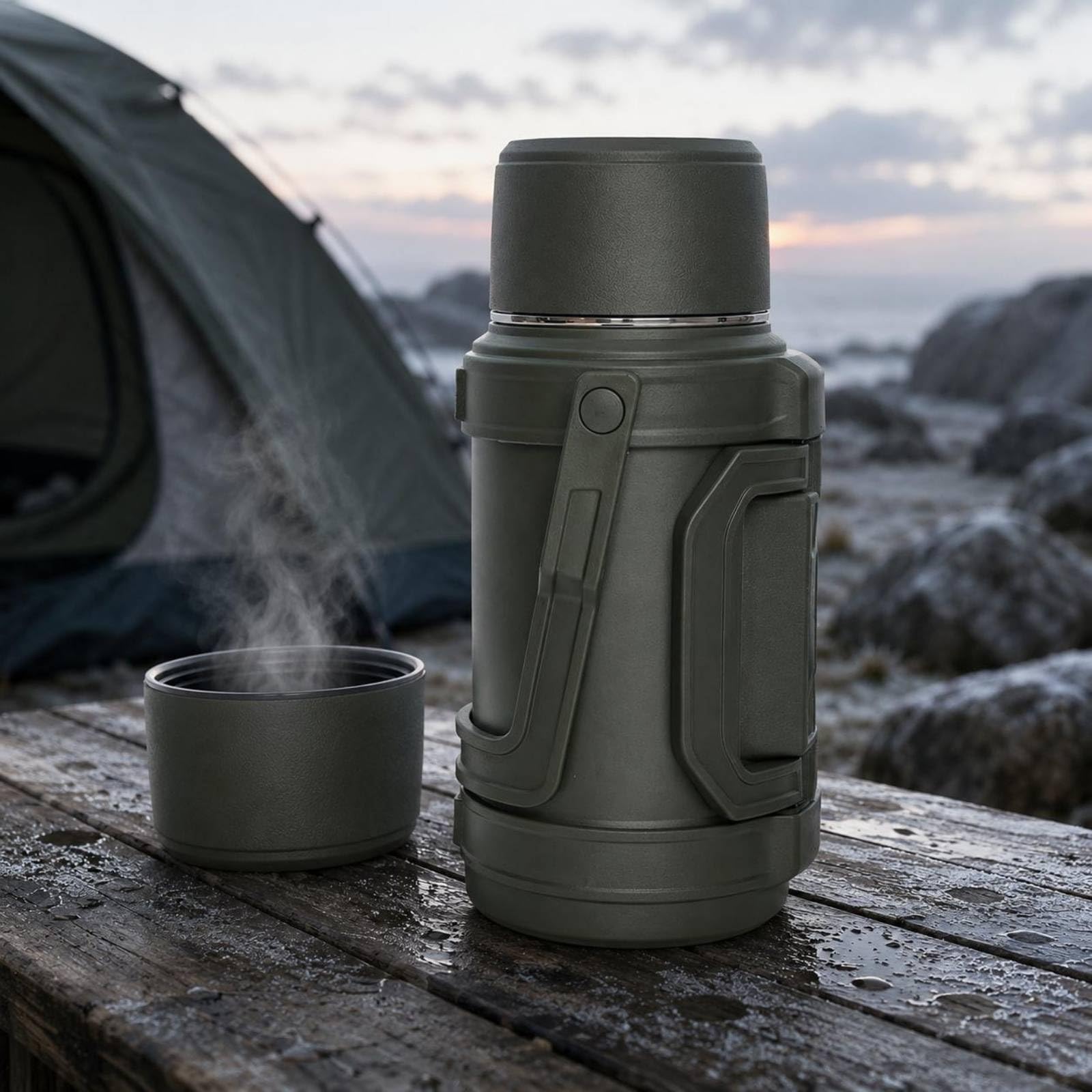Milageto Borraccia Termica Maniglia Laterale Coperchio Nero Borraccia Termica Acciaio Inox Mantiene Caldo e Freddo Contenitore Isolato, Acciaio Inossidabile, 2 L
