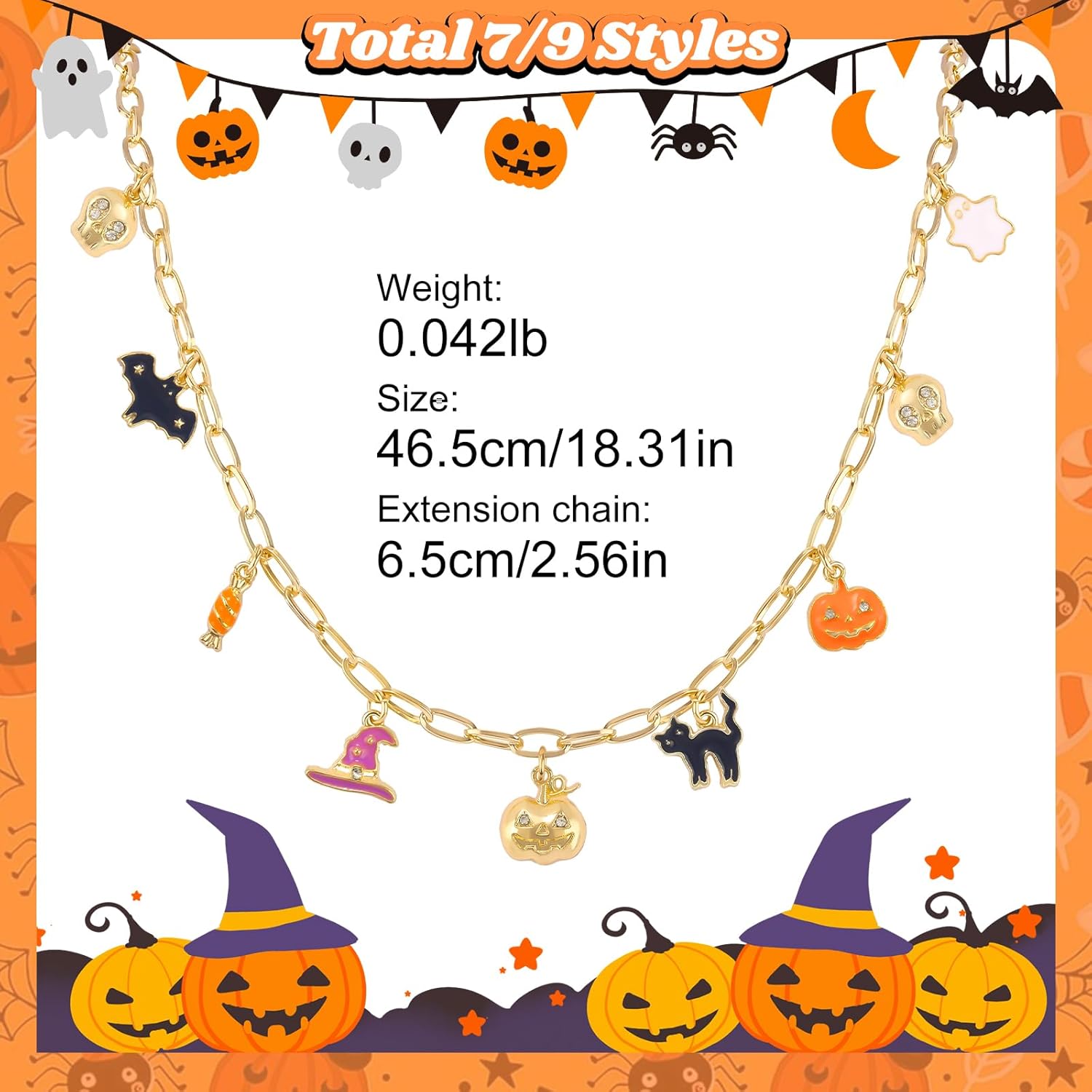 Halloween Charm Necklace for Women, Nightmare before Christmas Horror Party Long Chain Charm Necklace, Jack-o'-lantern Pumpkin Skull Bats Candy Witch Hat Cat Ghost Halloween Costume Party Jewelry Gift - Image 3