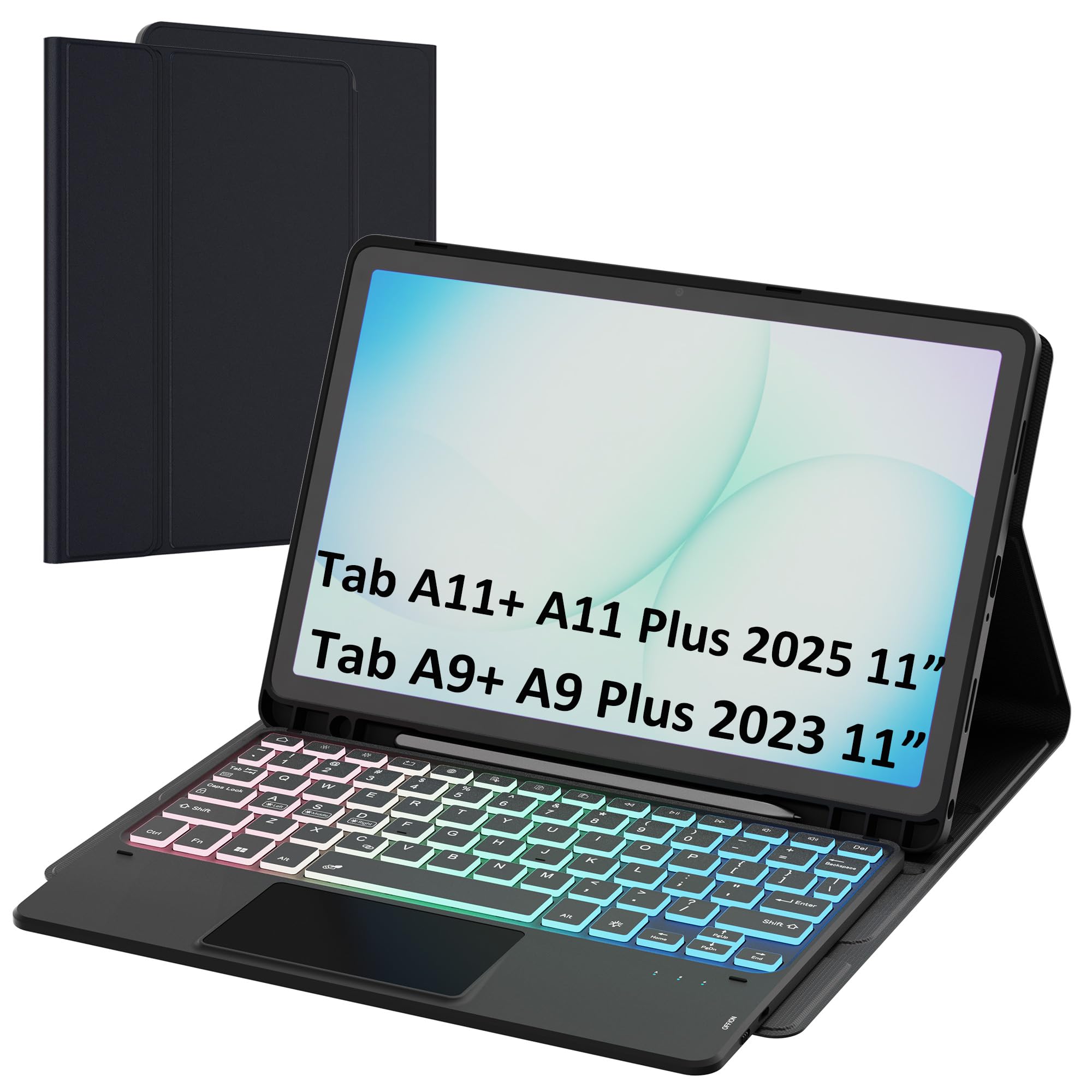 Keyboard Case for Samsung Galaxy Tab A11+ Plus/A9+ Plus 11": 3 Zone 7 Colors Backlit Trackpad Keyboard for 11-inch A9 Plus A11 Plus 5G Tablet - Detachable Smart Touchpad Wireless Key board Folio Cover
