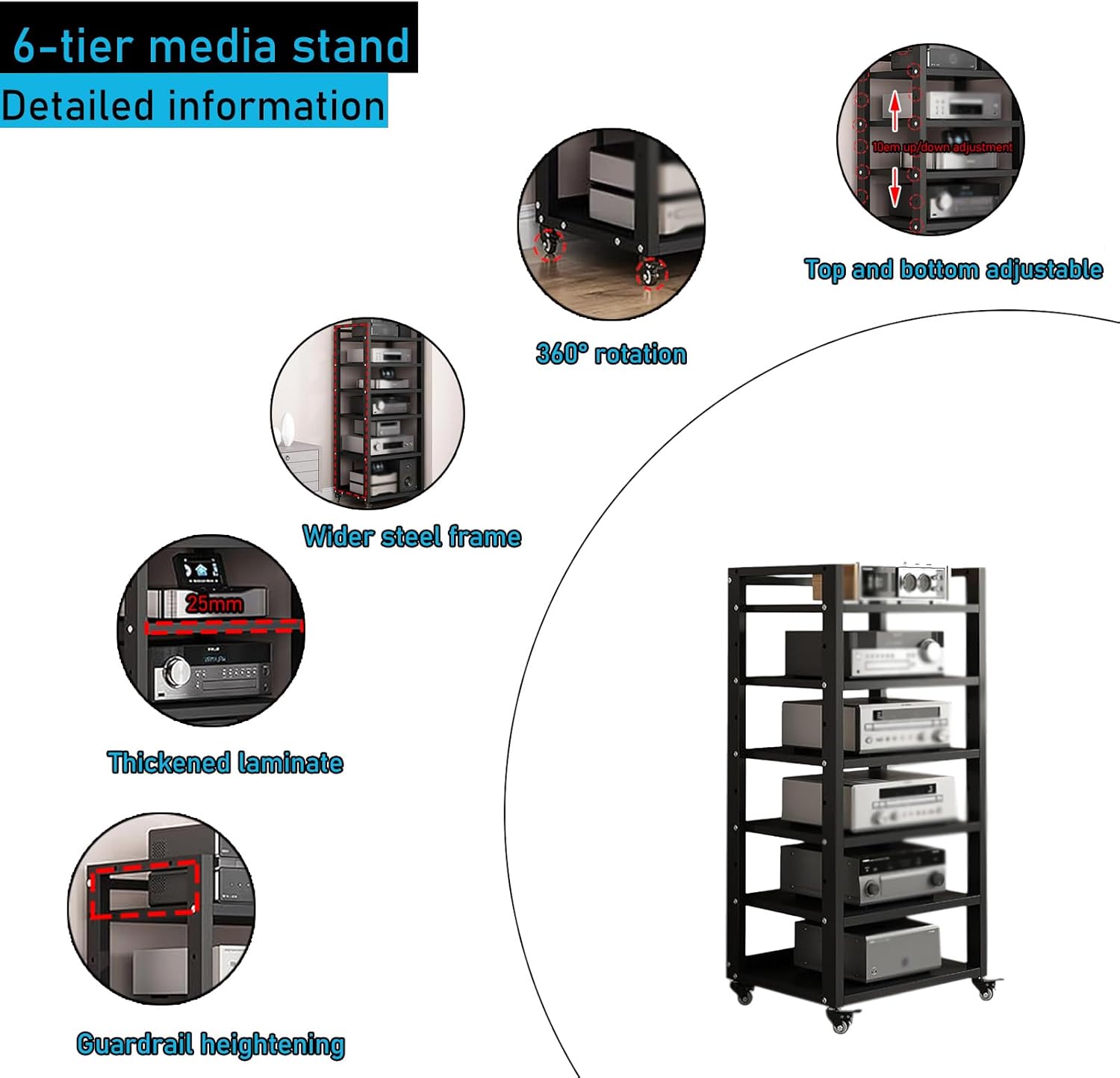 6 Tier Audio Rack Tower, CD Record Player Stereo Receiver AV Equipment Cabinet Display Rack, Weight Capacity 661 lbs, with Adjustable Wooden Shelves for Home (6 Tier Black)