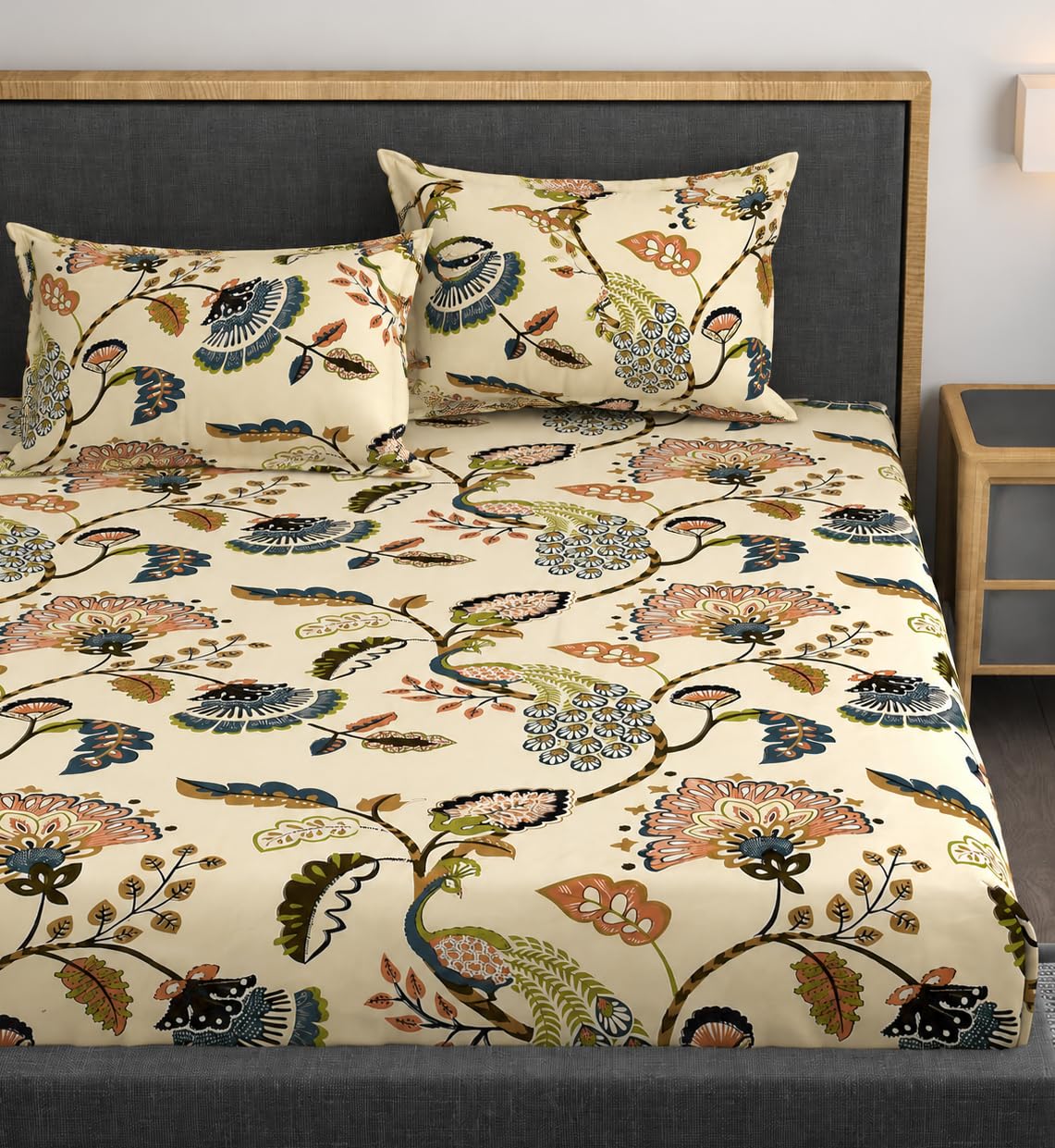 Vram Premium Heavy Cotton Elastic Fitted Bedsheets with 2 King Size Pillow Covers || Double Bed with All Around Elastic 350 TC || 72 x 78 x 10 Inch King Size Fitted || :- Jaipuri Peacock-image-34