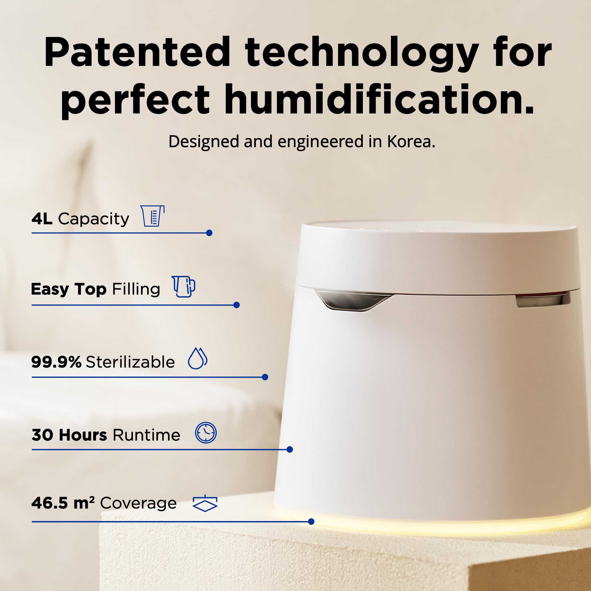 Carepod One Plus - Humidificador de acero inoxidable para habitación grande con luz de humor, silencioso y seguro para el bebé, solo 3 piezas lavables, humidificadores ultrasónicos de niebla fría