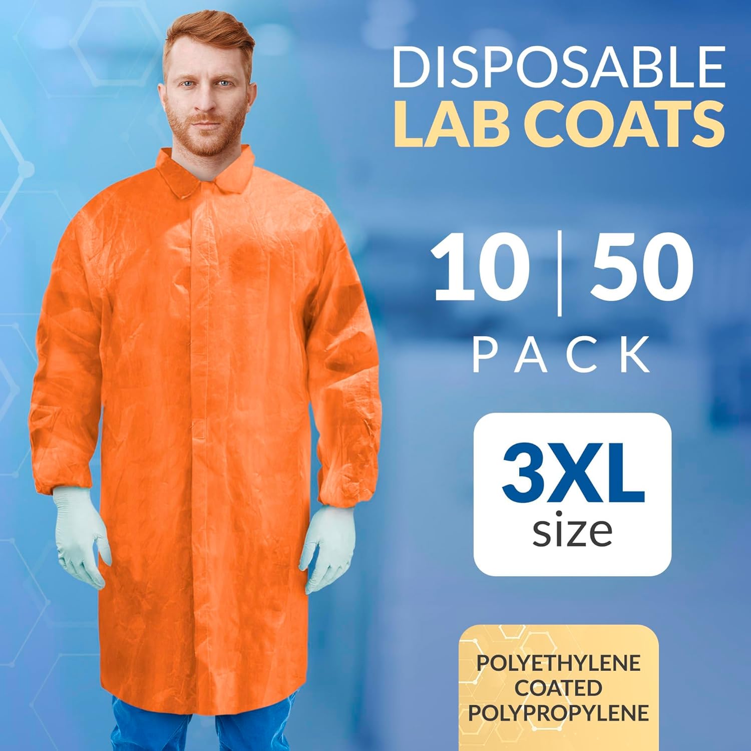 ABC PACK & SUPPLY Orange Disposable Lab Coats for Adults, 3X-Large. Pack of 10 Polyethylene Coated Polypropylene Disposable Coats Medical. Adult Lab Coat Disposable with Hook & Loop, No Pockets