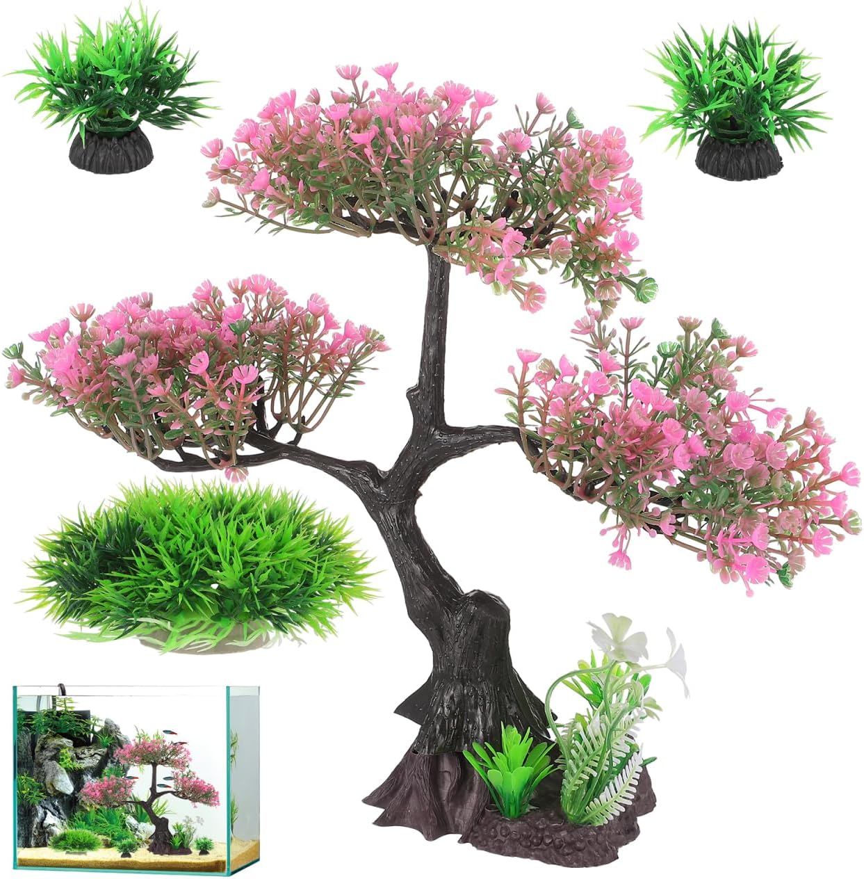Kisangel Artificial Aquarium Plants Set Realistic Fish Tank Decorations for Turtle Tank Plastic Aquatic Decor Soft Swaying Aquarium Plants Realistic Fish Accessories 9.84 X 9.44 X 4.33 in