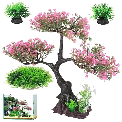 Kisangel Artificial Aquascaping Plants Kit, Pink Bonsai Tree Fake Plastic