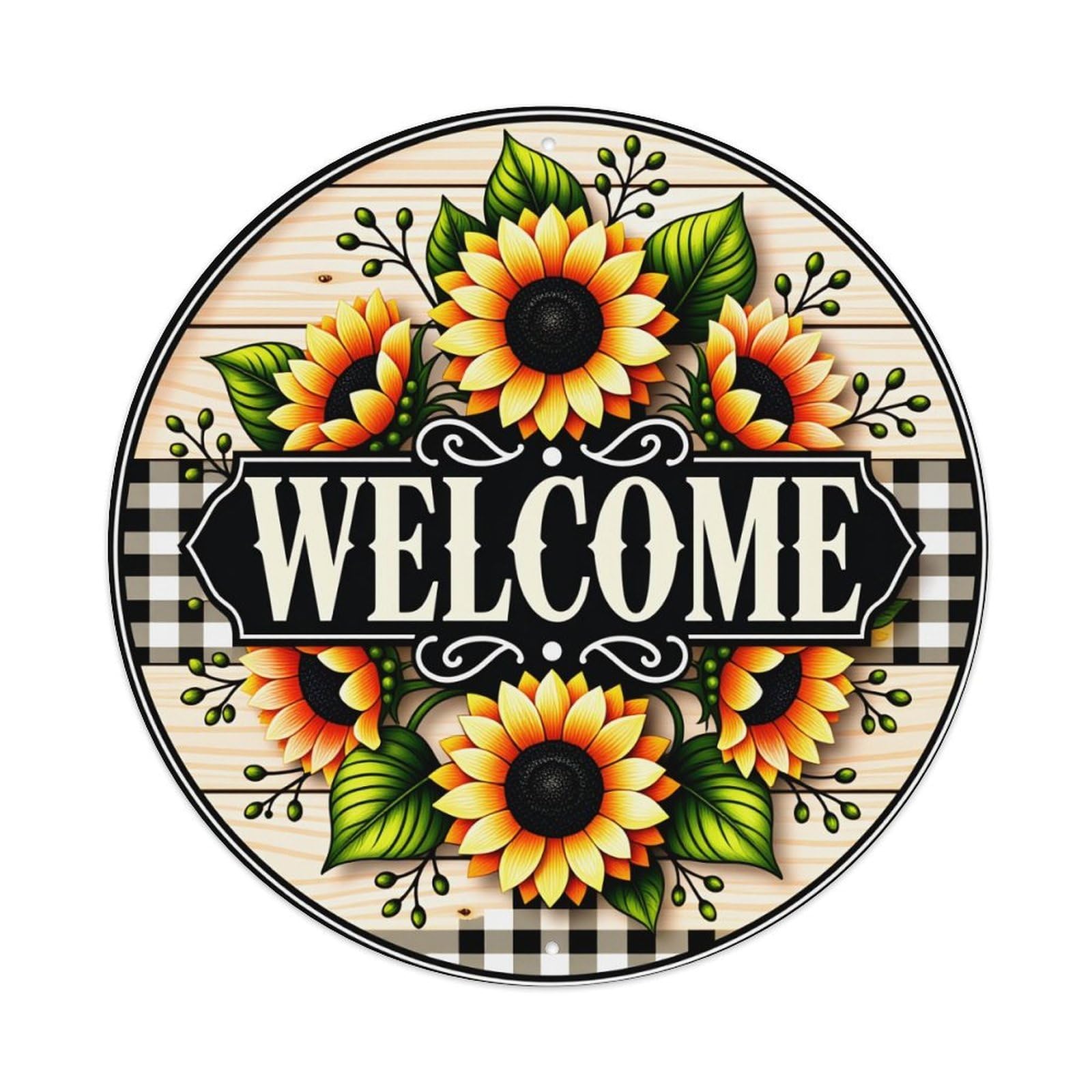 Sunflower Welcome Sign Pattern Print_1 Round Tin Sign Vintage Metal Poster Retro Bar, Home, Man Cave, Kitchen, Laundry Room Wall Art Decor Gift 8x8In