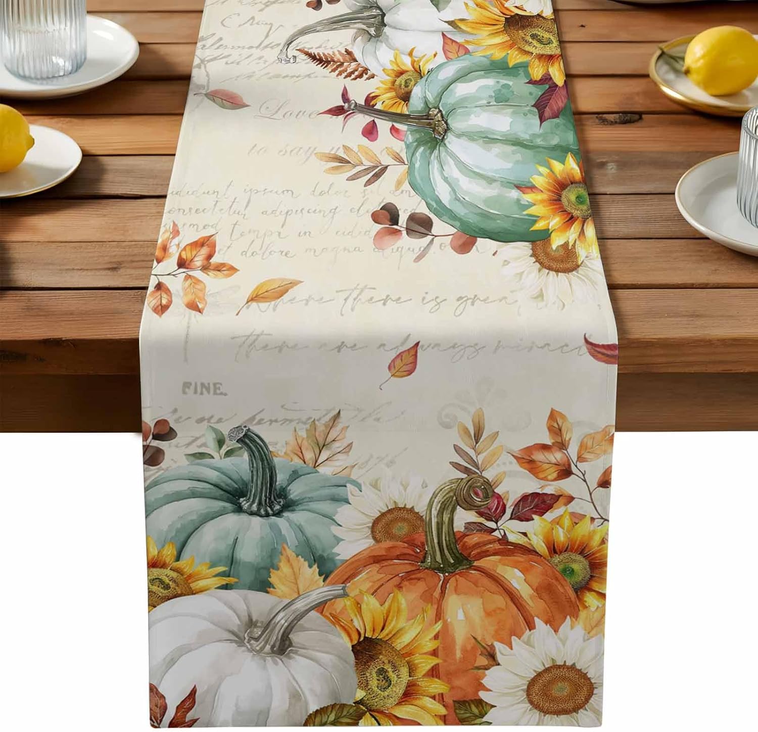Fall Table Runner Autumn Thanksgiving Tablerunners 13x120inches, Table Decoration Tabletop Scarf for Fall Family Gathering Holiday Kitchen Dining Decor for Party, Vintage Sunflowers Pumpkin Leaf Beige
