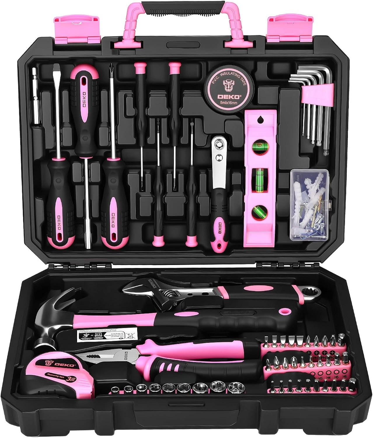 DEKO 100 Piece Pink Tool Kit Complete Home Tool Set with Claw Hammer, Adjustable Wrench, Combination Pliers, Screwdriver Set, Tape Measure – Basic Household Repair Toolbox for DIY Projects