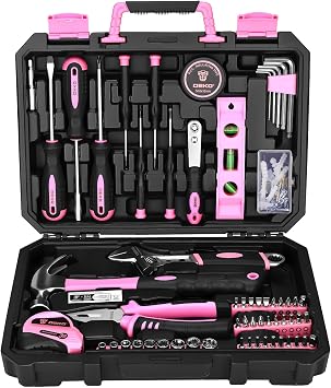 DEKO 100 Piece Pink Tool Kit Complete Home Tool Set with Claw Hammer, Adjustable Wrench, Combination Pliers, Screwdriver Set, Tape Measure - Basic Household Repair Toolbox for DIY Projects