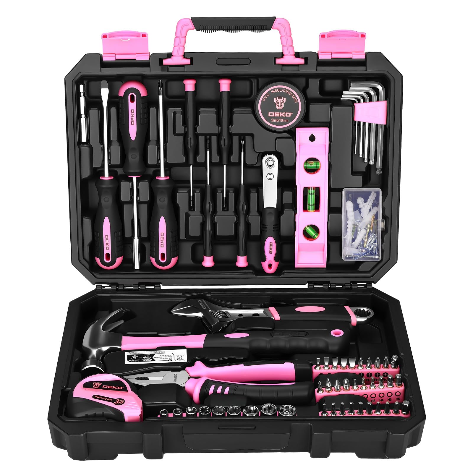 DEKO 100 Piece Pink Tool Kit Complete Home Tool Set with Claw Hammer, Adjustable Wrench, Combination Pliers, Screwdriver Set, Tape Measure - Basic Household Repair Toolbox for DIY Projects