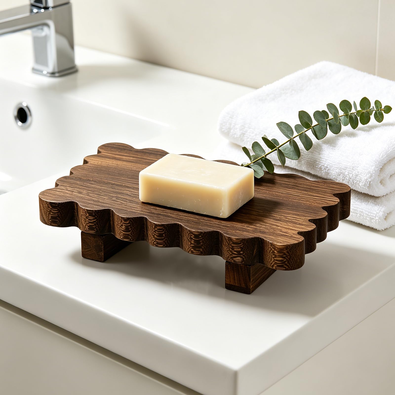 Scalloped Wood Riser for Decor, Wooden Pedestal Stand Display Tray Farmhouse Kitchen Counter Organiser and Bathroom Sink Soap Tray Small Elevated Riser for Candles Plants Perfume, 22x15x4 Cm