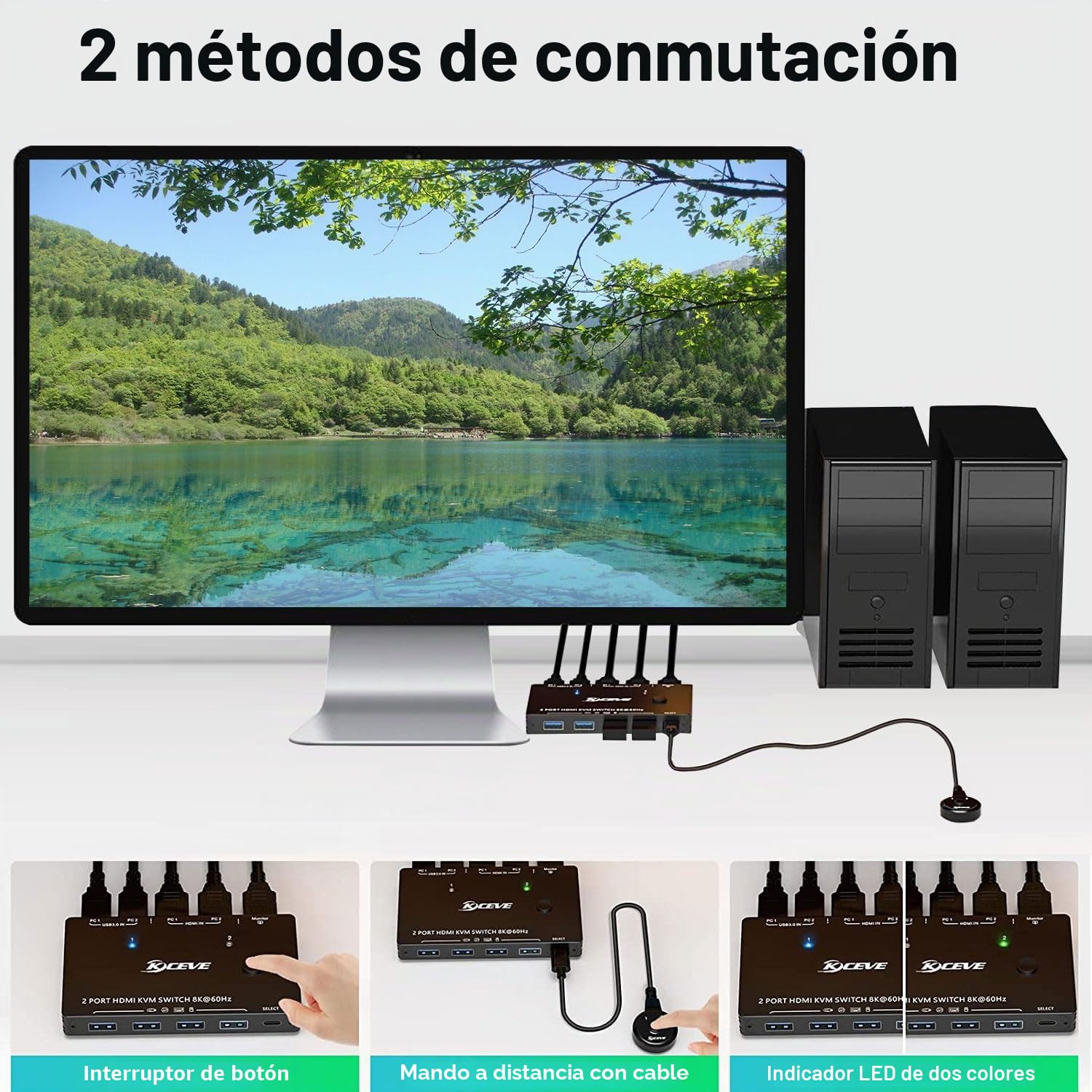 KVM Switch HDMI 8K@60Hz 4K@120Hz, KVM Switch 2 PC 1 Monitor HDMI2.1 Compartir 3 USB3.0 Devices Ratón y Teclado, HDR 10, HDCP 2.3, Wired Remote(8K HD 2 in 1 out KVM)