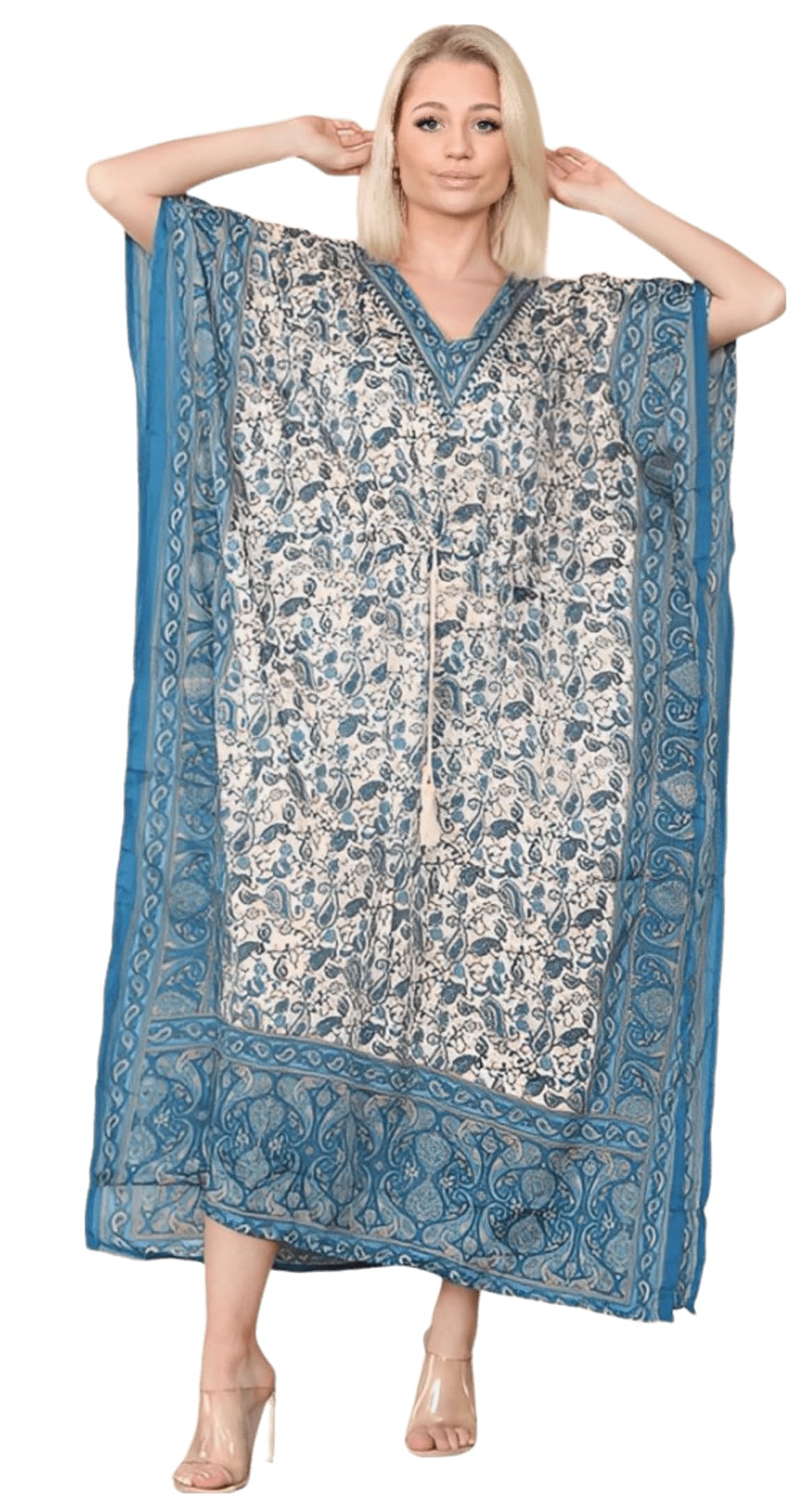 Miro Travel Wear Miro Boho Chic Caftan Vestido En Viscosa Estampada Talla Unica Amplia, Escote V Y Cordon De Ajuste. Vestido Playa Mujer Vestidos Playa Vestido Playero Mujer Vestidos Tallas Grandes Kaftan Mujer