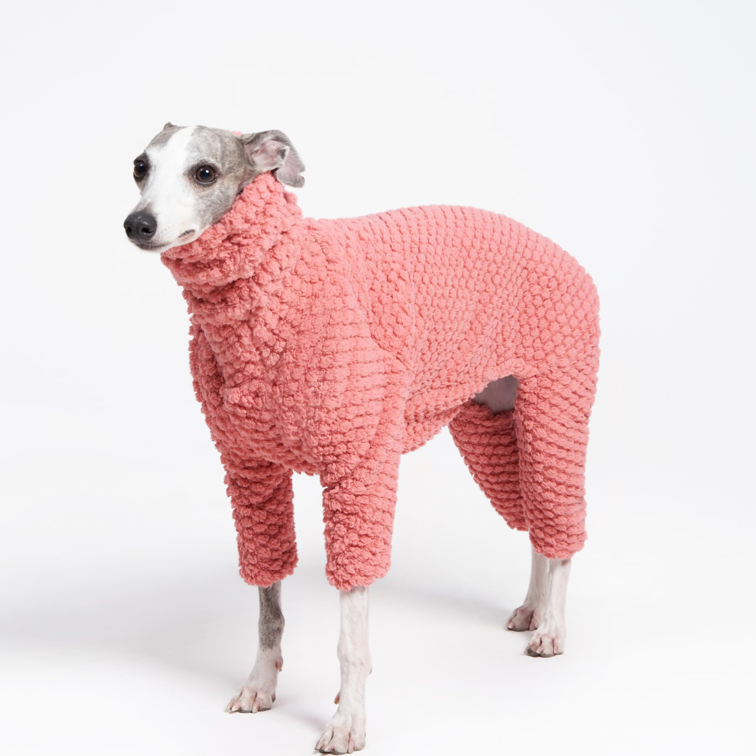 Pijama de forro polar suave y esponjoso para perros italianos galgo látigo, cuello alto, forro polar cálido para perro, abrigo, pijamas, mono, mameluco (rosa, L)
