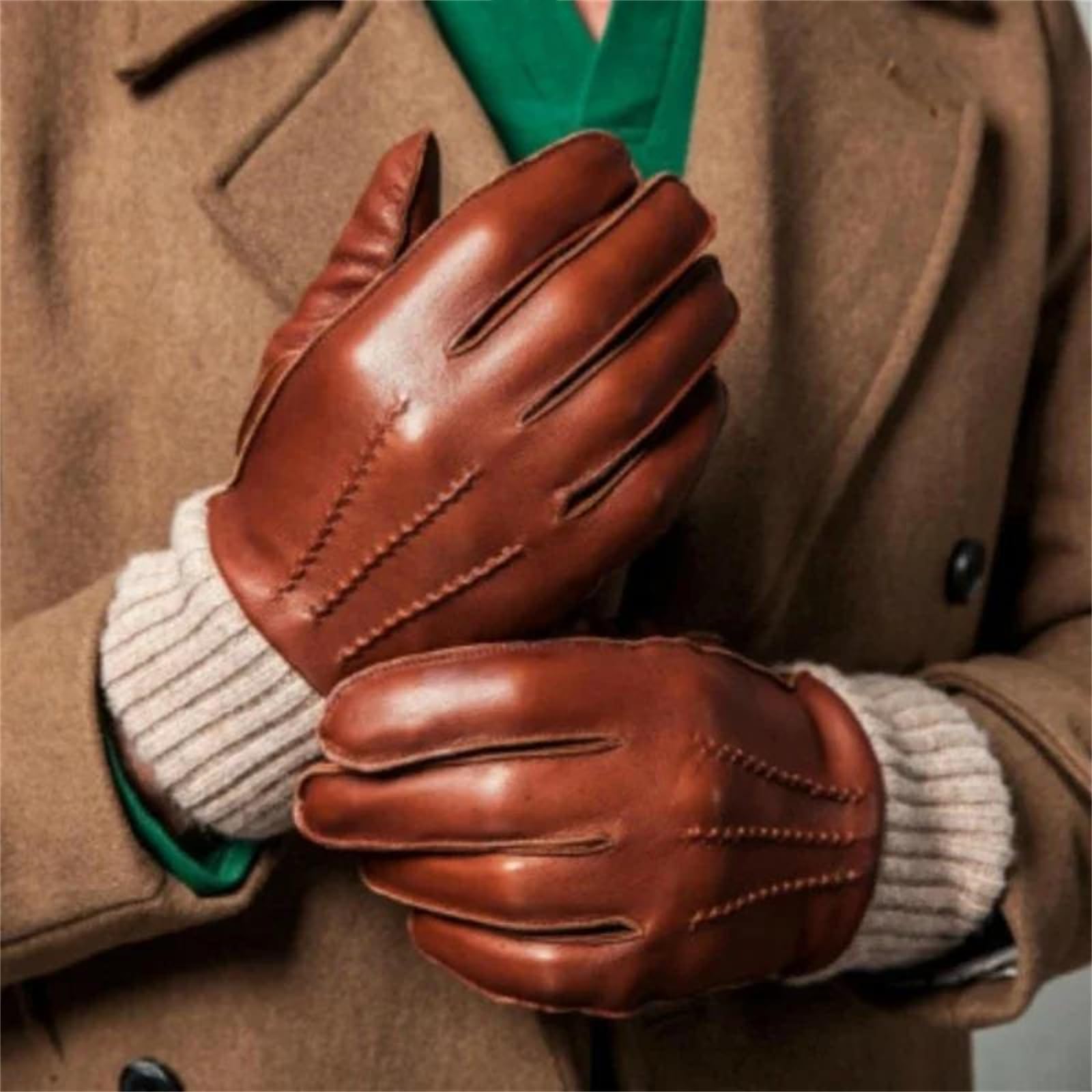Guantes de piel de oveja auténtica para hombre, ondulados, para pantalla táctil, con forro de lana, guantes de conducción cálidos para invierno