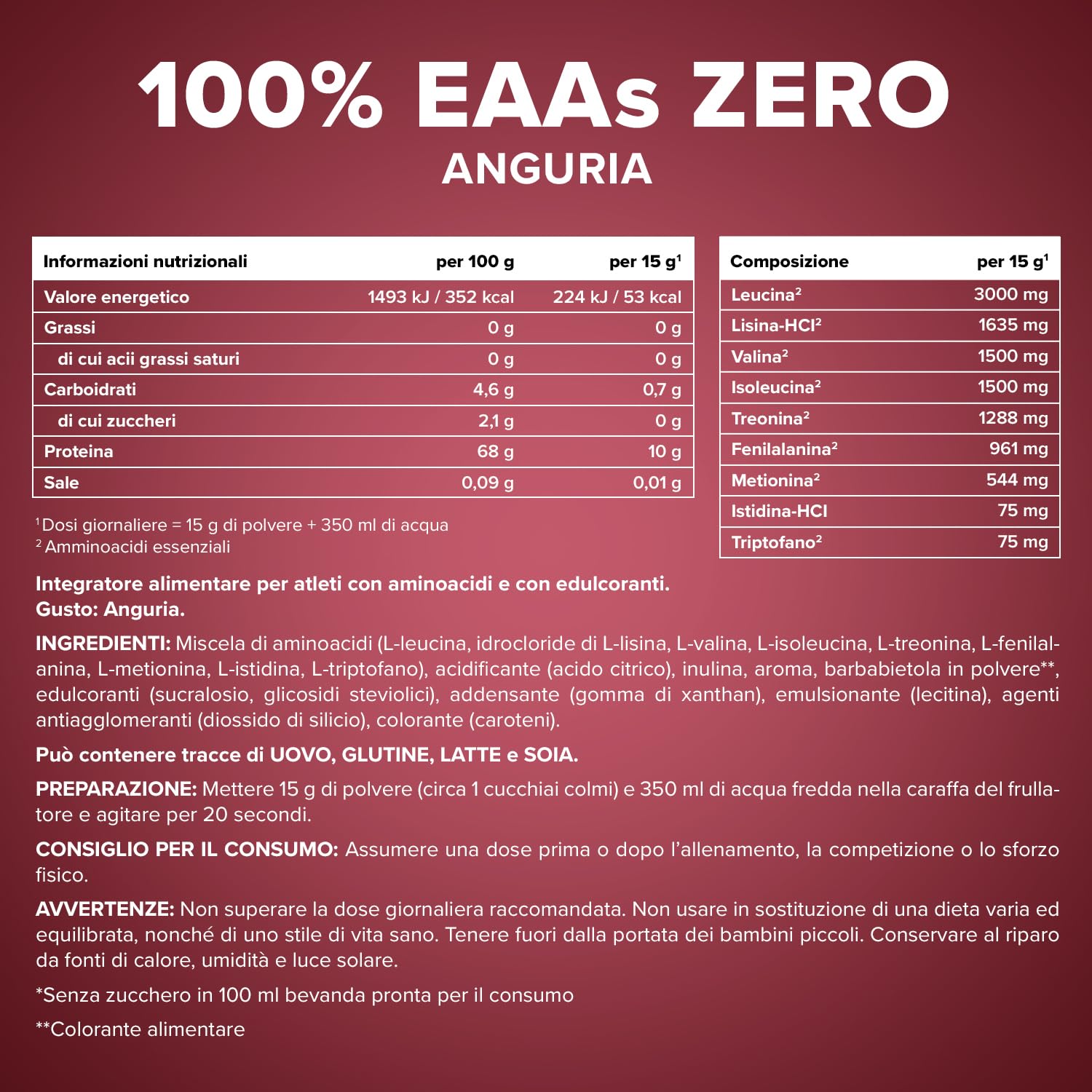 IronMaxx 100% Percento EAAs ZERO Aminoacidi in polvere- integratore a base degli 8 aminoacidi essenziali con alto contenuto di BCAA- vegano- senza zuccheri- gusto: anguria- alta dose- 500g