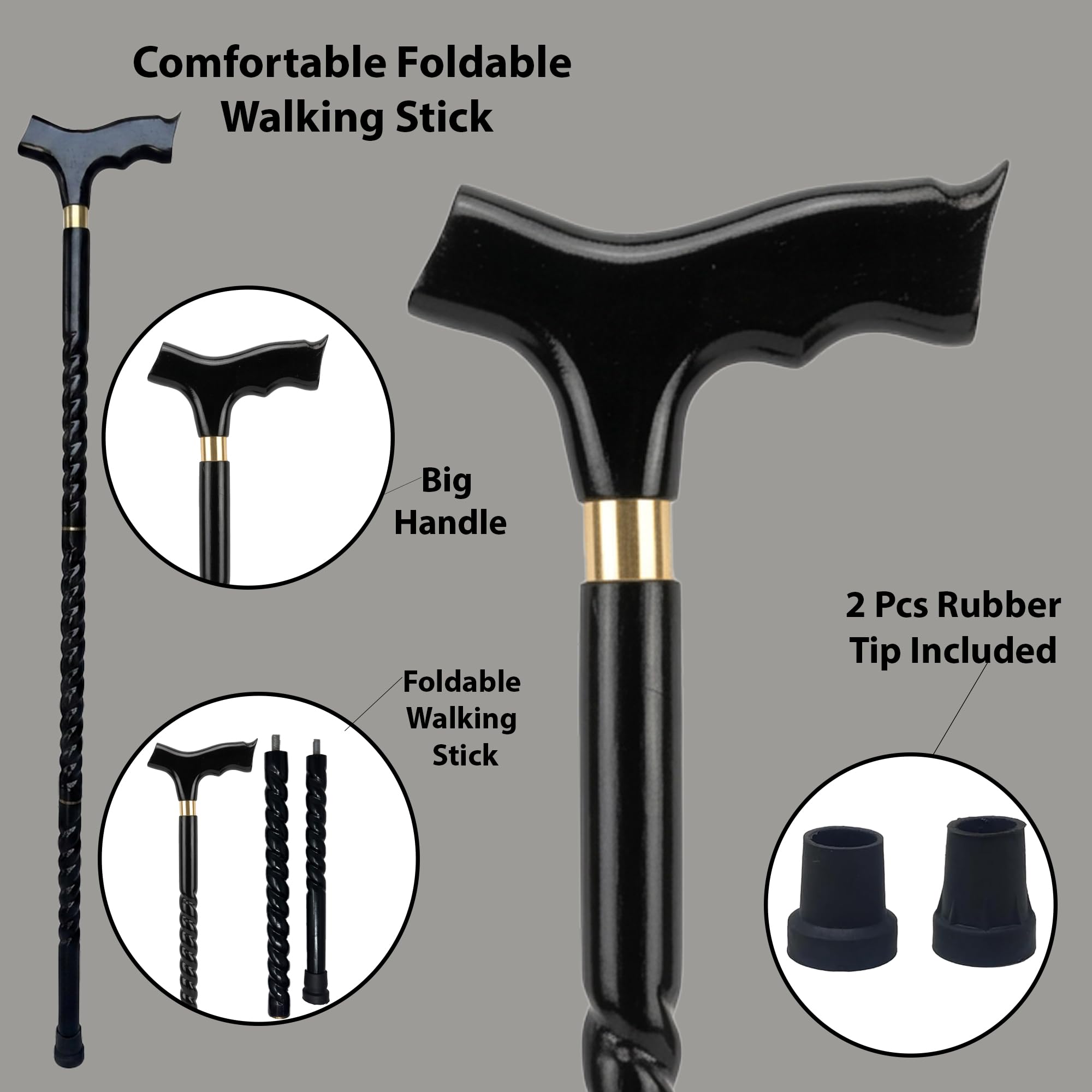 Bastone da passeggio pieghevole in legno, 91 cm, manico ergonomico in ottone massiccio, palissandro indiano, per uomini, donne e anziani