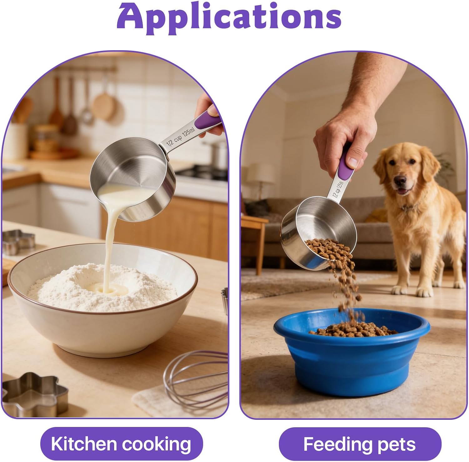 10 Pcs 1/2 Measuring Cup, 4 Oz Stainless Steel Scoop with Silicone Handle, Metal Mini Measuring Scoops Kitchen Gadgets for Cooking Baking,Coffee Bean Pet Food,Ingredients,Purple