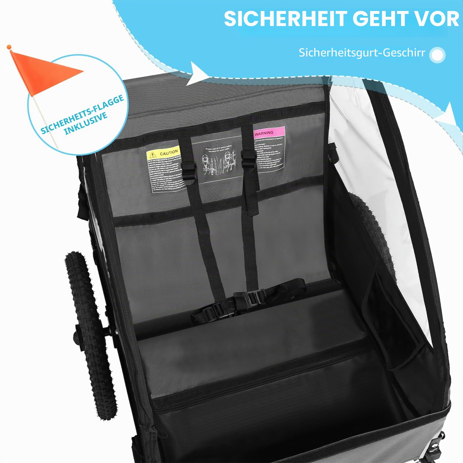 Sepnine Kinder-Fahrradanhänger, geeignet für 1 bis 2 Kinder, ab 12 Monaten, Schnellbefestigung am Fahrrad, faltbar, mit 5-Punkt-Gurt und Aufbewahrungstaschen