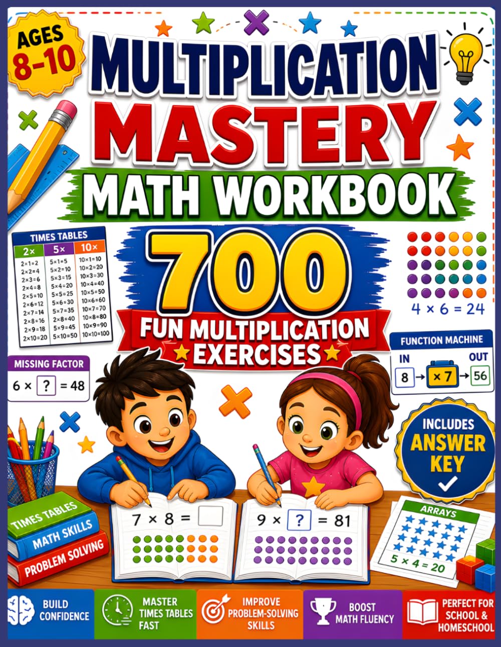 MULTIPLICATION MASTERY MATH WORKBOOK: 700 Multiplication Exercises Including Times Tables, Missing Factors, Word Problems, Arrays, Mental Math & Critical Thinking for Ages 8–10