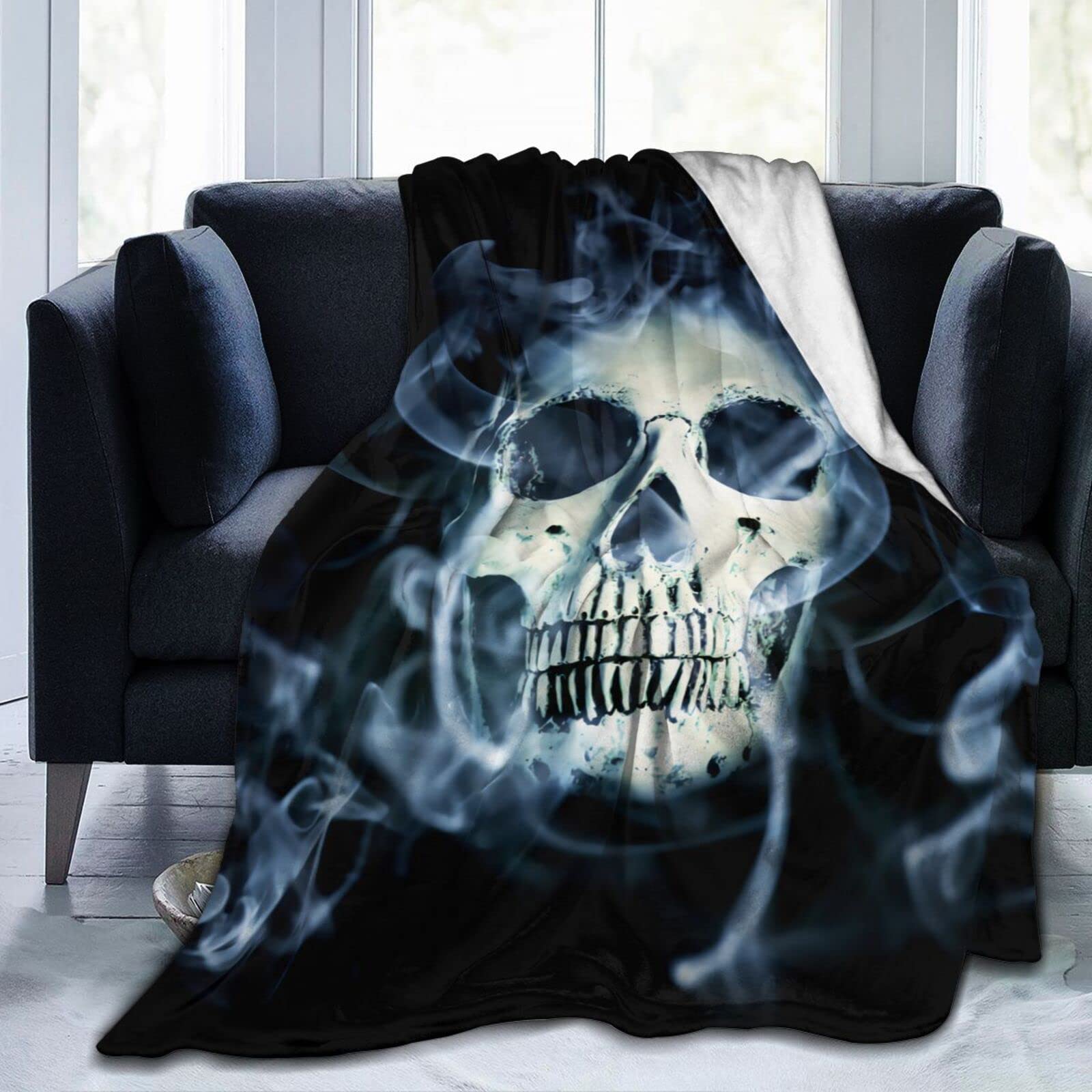 Lsjuee Skull Throw Blanket Warm Cozy Blankets Lightweight Soft Flannel Horror Halloween Blanket for Sofa Couch Bed Office 80"X60"