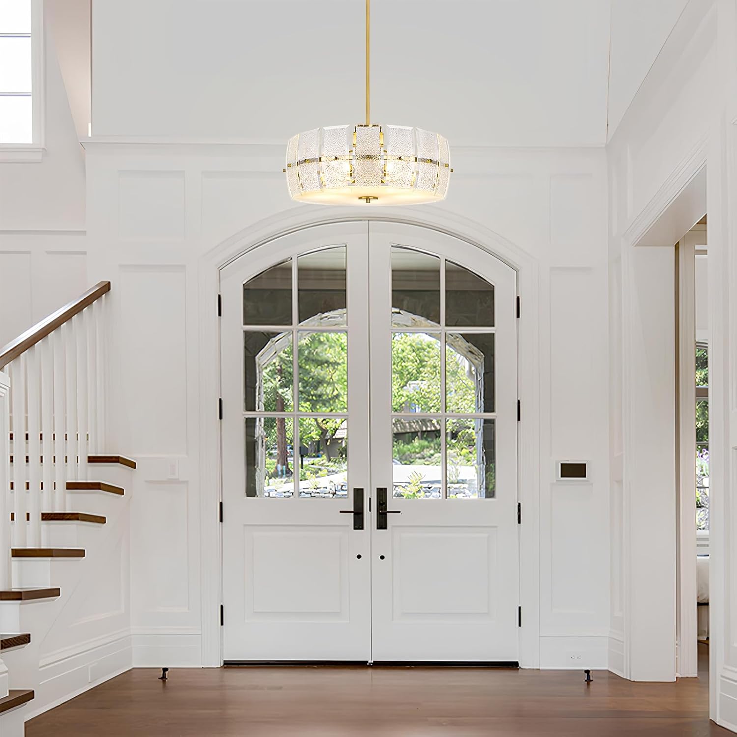 LynPon 20" Gold Glass Drum Chandelier, 5-Light Modern Ceiling Light Fixtures, Farmhouse Round Hanging Light, Chandeliers for Dining Room Kitchen Island Living Room Hallway Bedroom Foyer Living Room