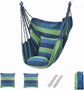 Hammock Chair Hanging Chair with 2 Cushions Maximum Load-Bearing 330 pounds Canvas Material is Very Breathable and Comfortable Suitable for Many Indoor and Outdoor scenarios (Blue-Green)