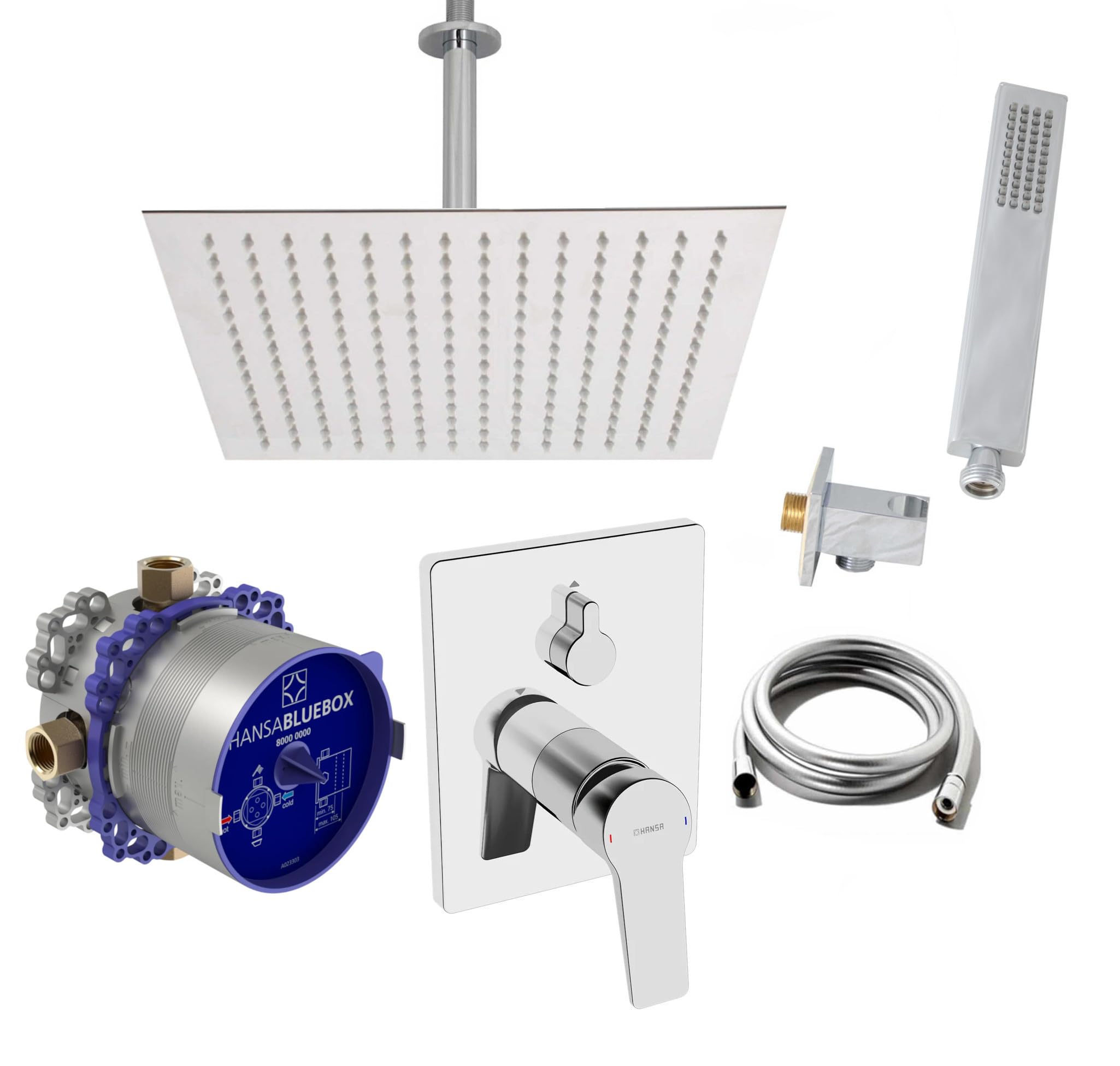 Vanvilla Dusch-Set Mit Hansgrohe Logis Armatur & Eckiger Regendusche - Unterputz, Poliert, Komplett Mit Handbrause