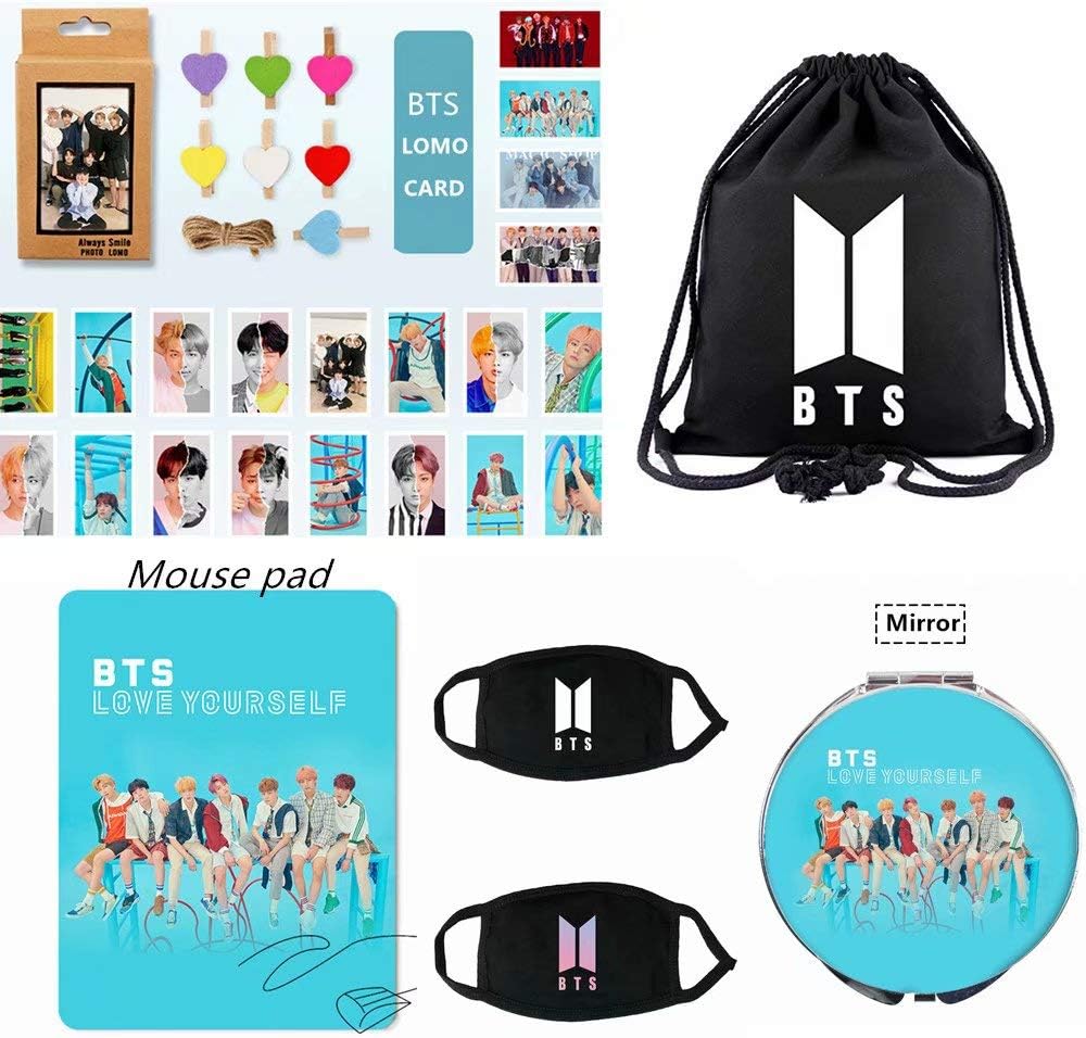 FaLaidi BTS Gifts Set for Fans- BTS Drawstring Bags/BTS Lomo Card/BTS Mouth Mask/BTS Mouse pad/BTS Mirror