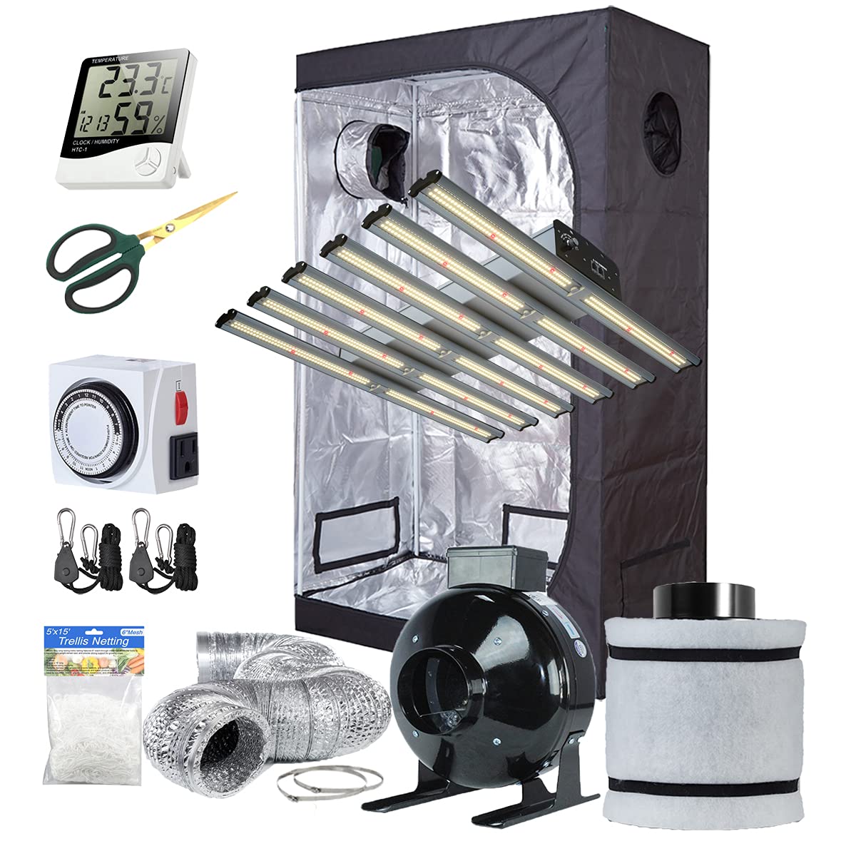 MaxMallNew TECH Sunlike LED1500 Grow Light with 0-10V Dimmable Function + 48"x24"x72" Grow Tent Complete Kit+ 4" Filter Ventilation Combo + Hydroponic Indoor Plants Growing System Accessories