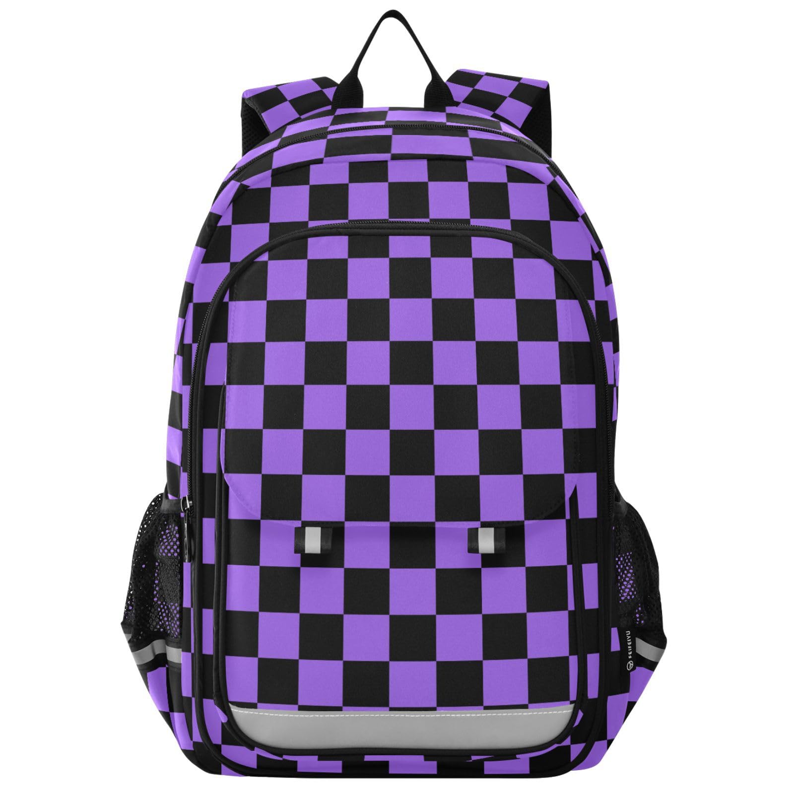 KOPIRIT Checkerboard Black Purple Plaid Kids Backpack Elementary Middle School BookBag Travel Bag for Girls Boys Kids Teens 17.7 Inch